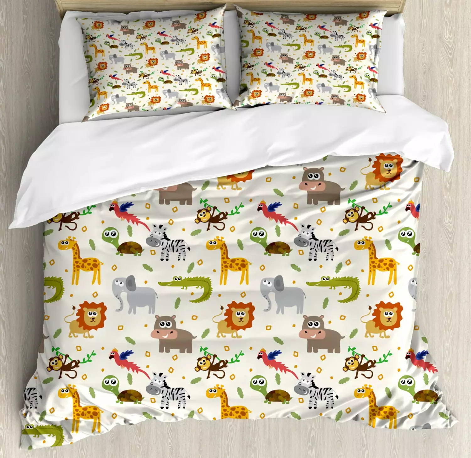 Cartoon Animal Duvet Cover Set Queen Size African Australian Childish Fauna Silly Faces Safari Lion Elephant Crocodile 3 P...