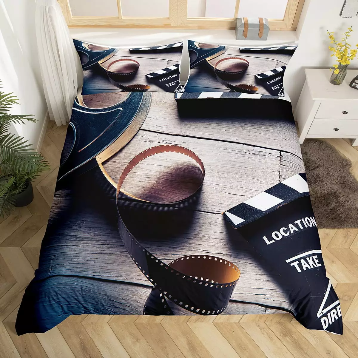 Movie Theme Duvet Cover Filmstrip Printed Bedding Set Kids Vintage Cinema Twin Bed Set Cinema Scenes Movie Theater Decor YST