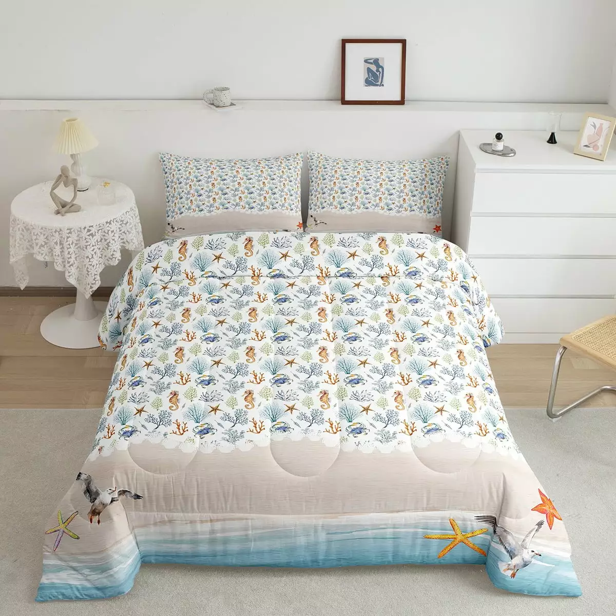 YST Ocean Easeer Set Twin Coastal Seahorse Starfish Bedding Set Teens Youth Summer Beach Seagull Tropical Coral Duvet Inse...