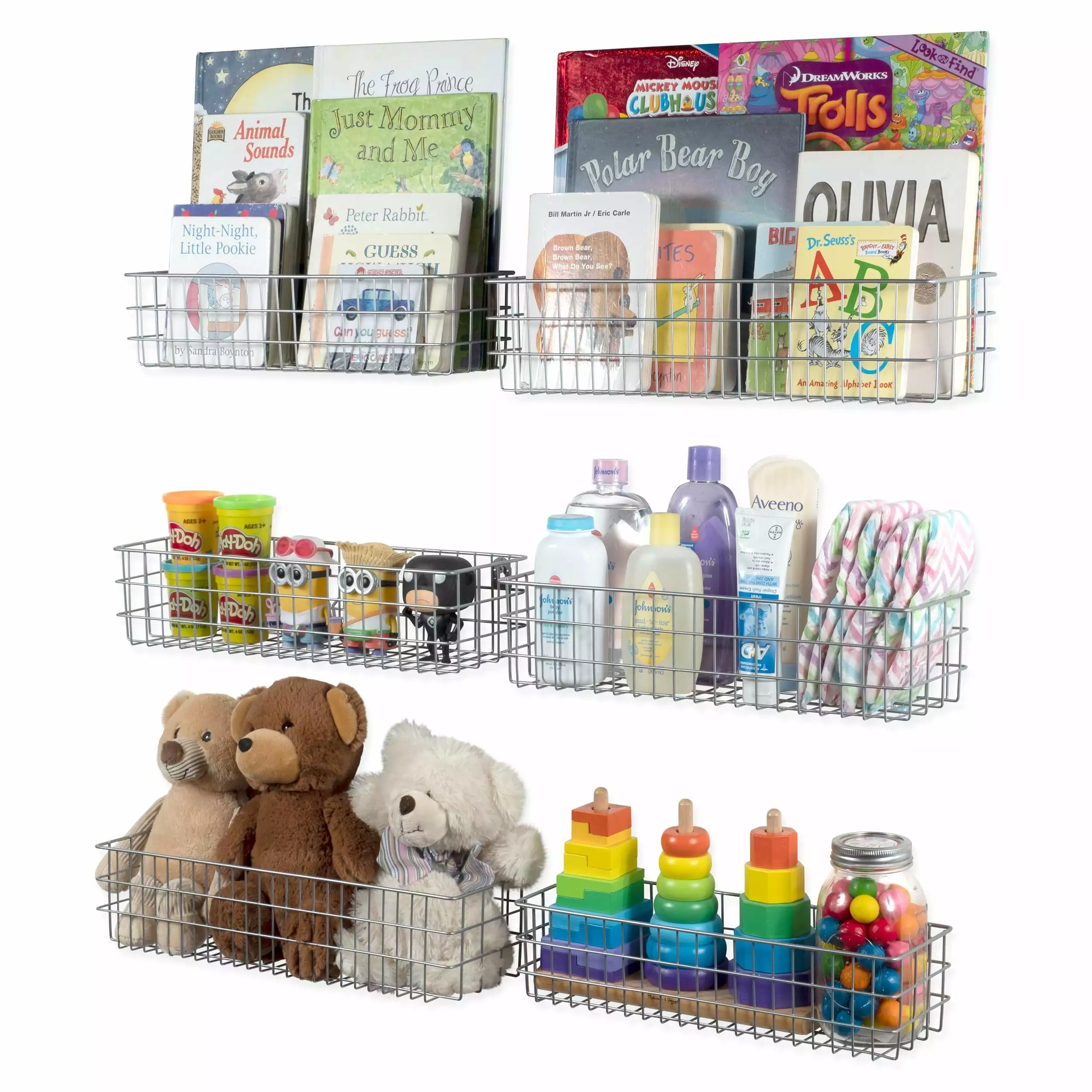 Wall35 Kansas Kids Room Nursery Storage Wall Mount Metal Tray Hanging Bookcase Set 6 Gray