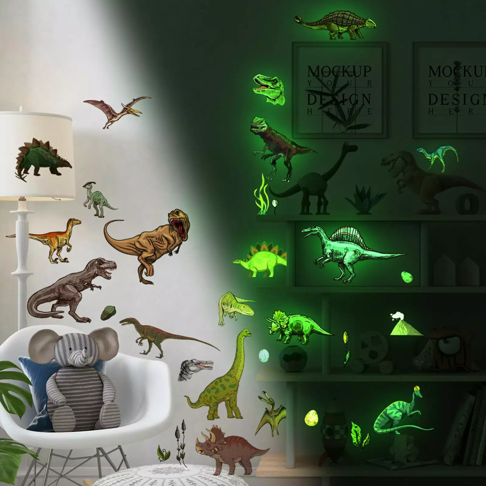 4 Sheets Dinosaur Wall Decals Glow Dark Stickers PVC Dinosaur Decor JadeBamboo