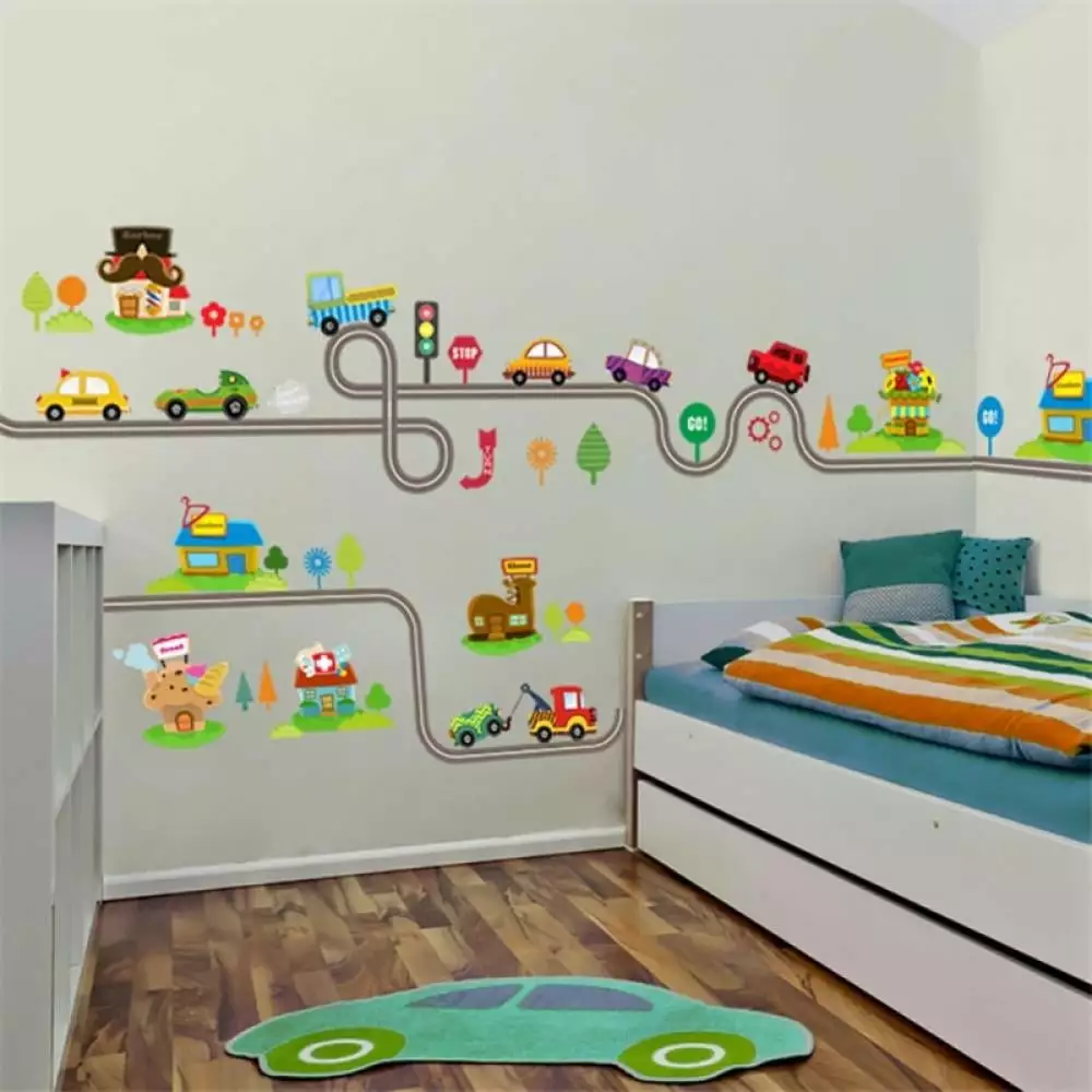 Cartoon Cars Highway Monitor Wall Stickers Kids Room Playroom Bedroom Decor Removable Wall Art Naiyafly