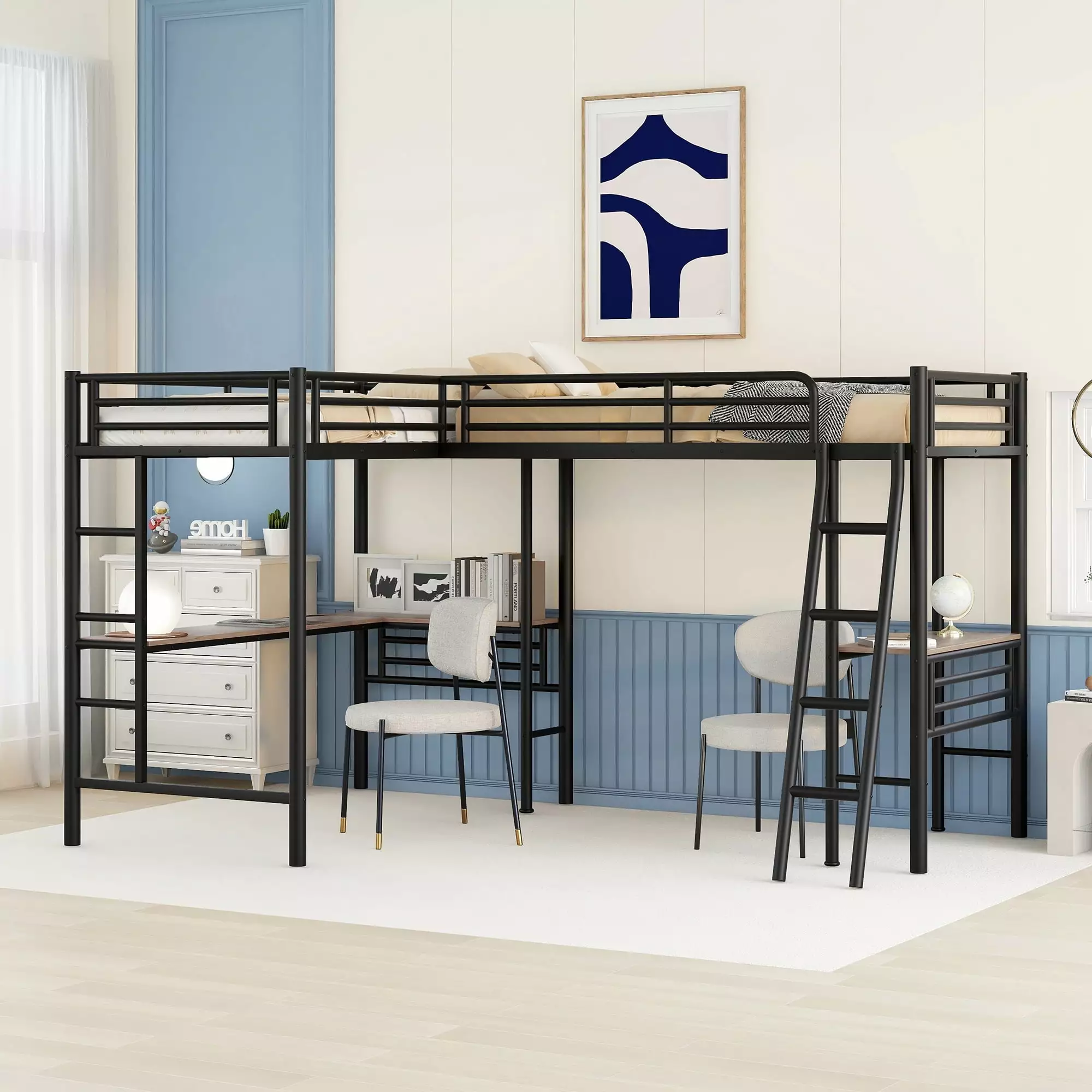 Euroco Metal L-Shaped Twin Size Loft Bed Two Desks Kids Bedroom Black