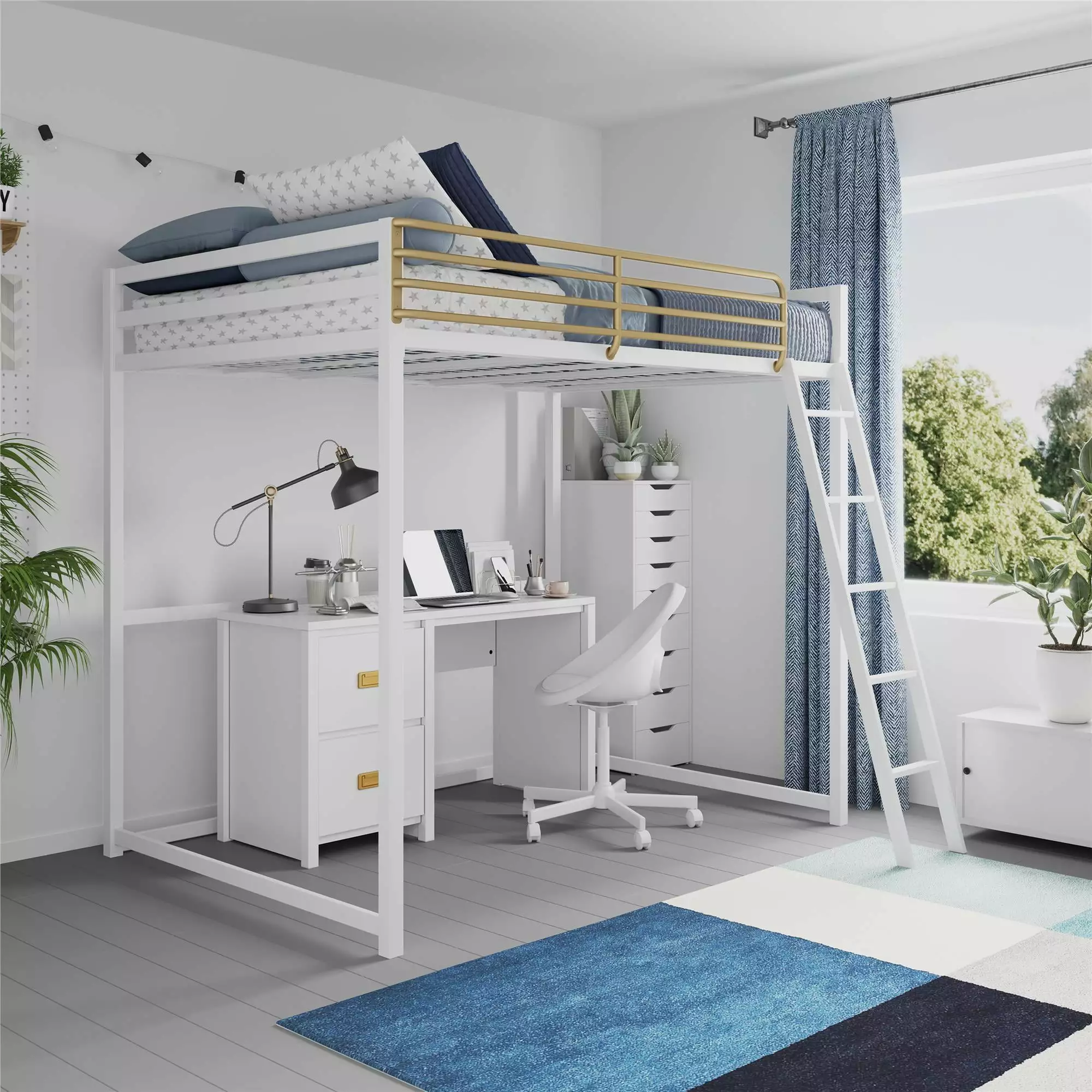 Little Seeds Haven Full Loft Bed White Gold Finish Ladder