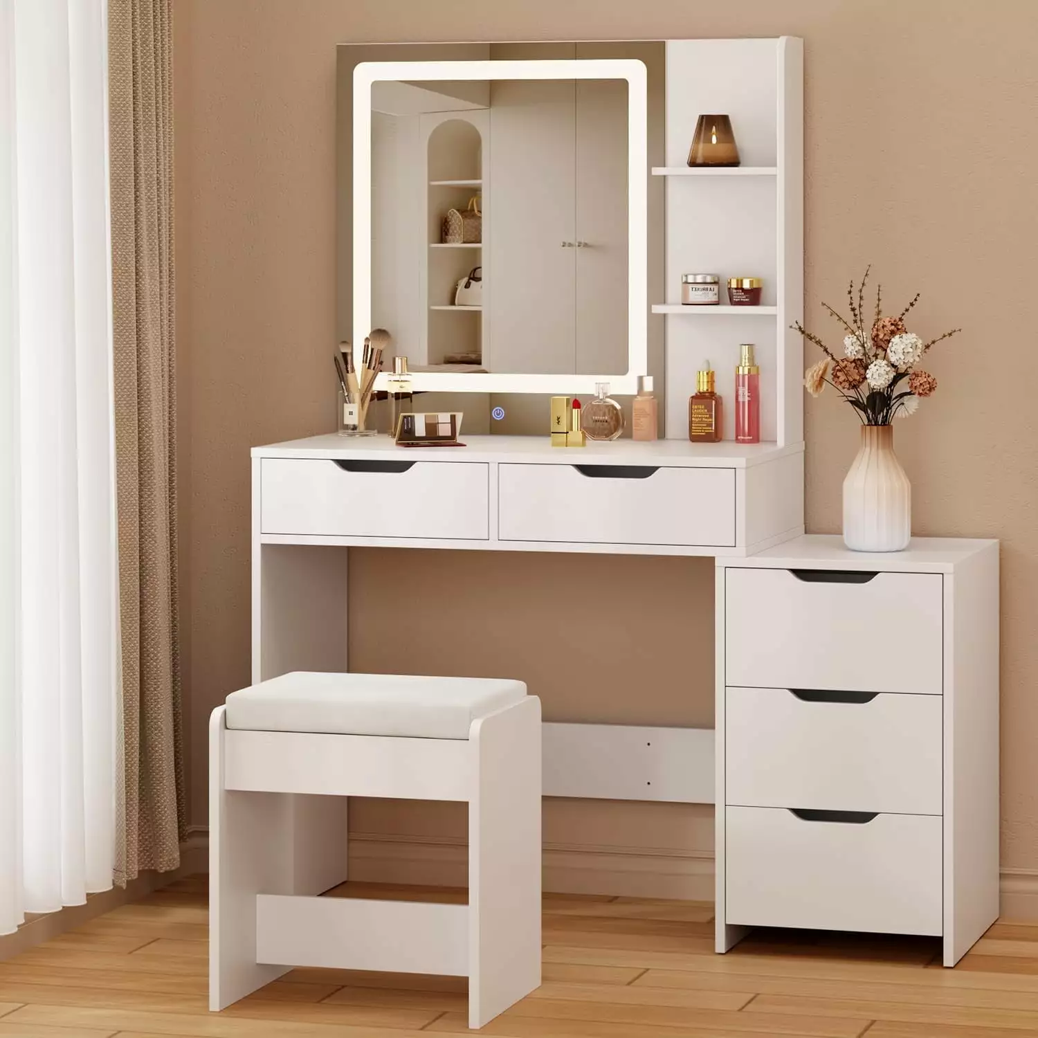 Makeup Vanity Desk Mirror and Lights 43.5 Vanity Table 5 Drawers & Storage Shelves White Aiho