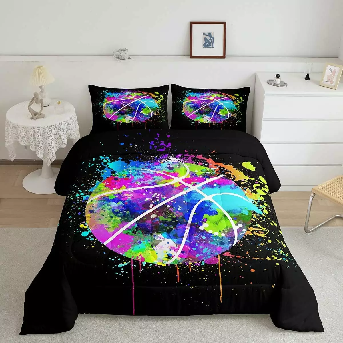 Binquireetball Watercolor Tie-dye Full Size Bedding Set Kids Teens 2 Pillowcases YST