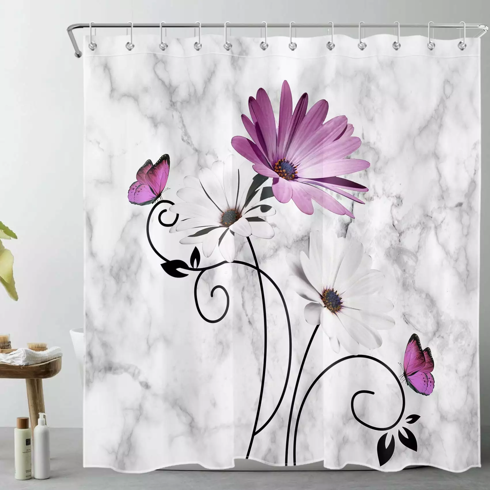 HVEST Purple Daisy Shower Curtain Butterfly and White Floral on Grey Marble Fabric 69x72 Inches