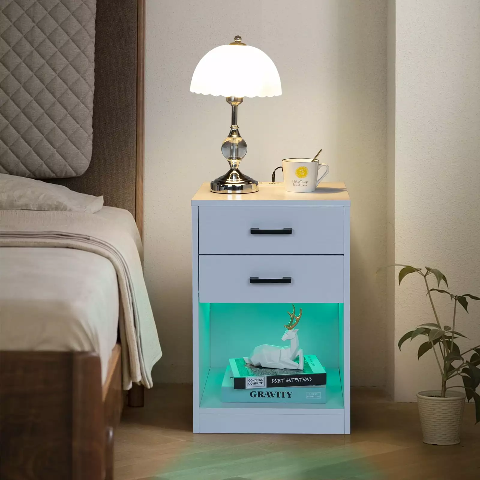 Zimtown Nightstand Wireless Charging Station - 2 Drawer Bedside Table White FCH