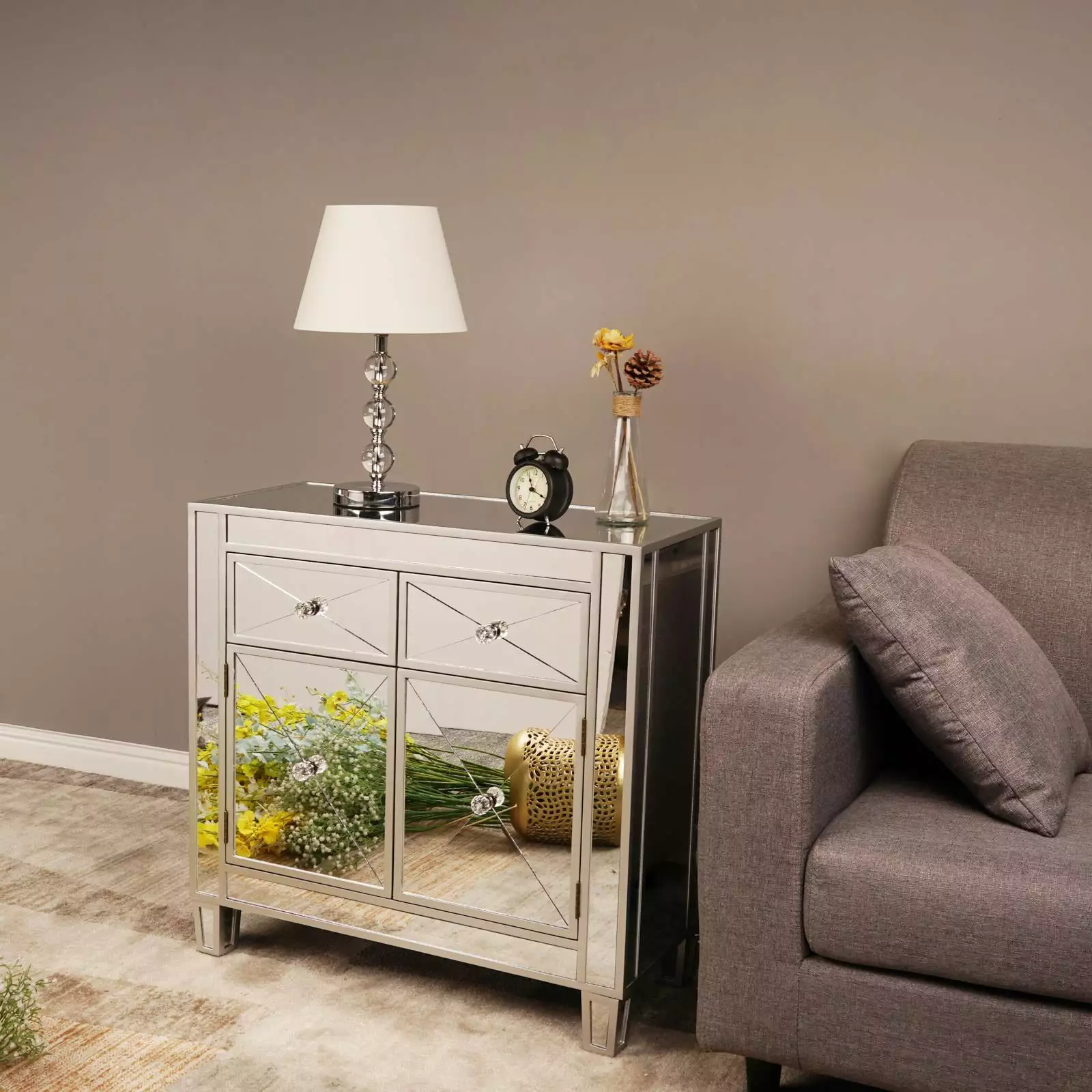 Ktaxon Mirrored Nightstand End Tables Bedside Table Storage Cabinet Doors Modern Sideboard