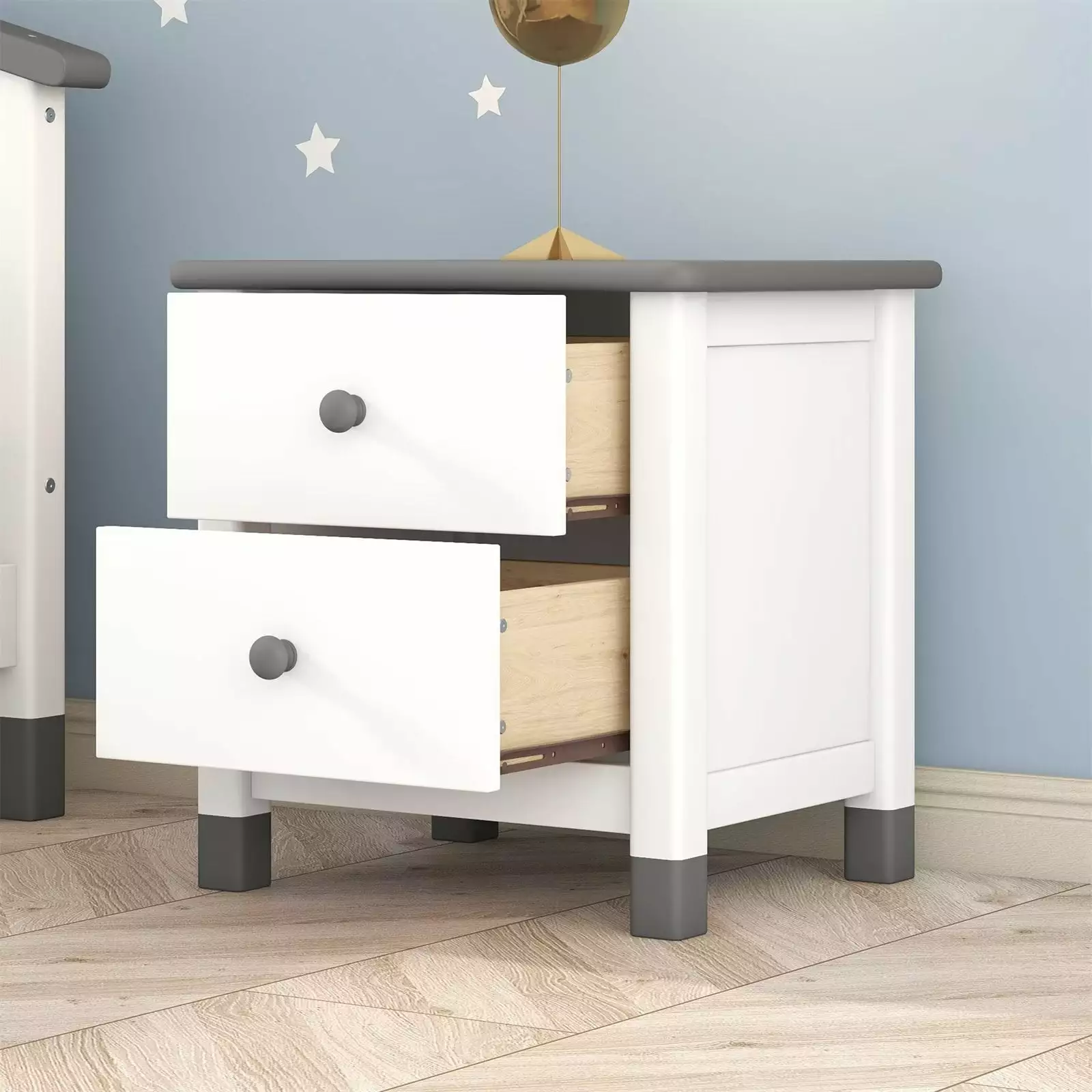 2-Drawer Nightstand - Wooden Bedside Table Round Handles Kids Adults Triple Tree