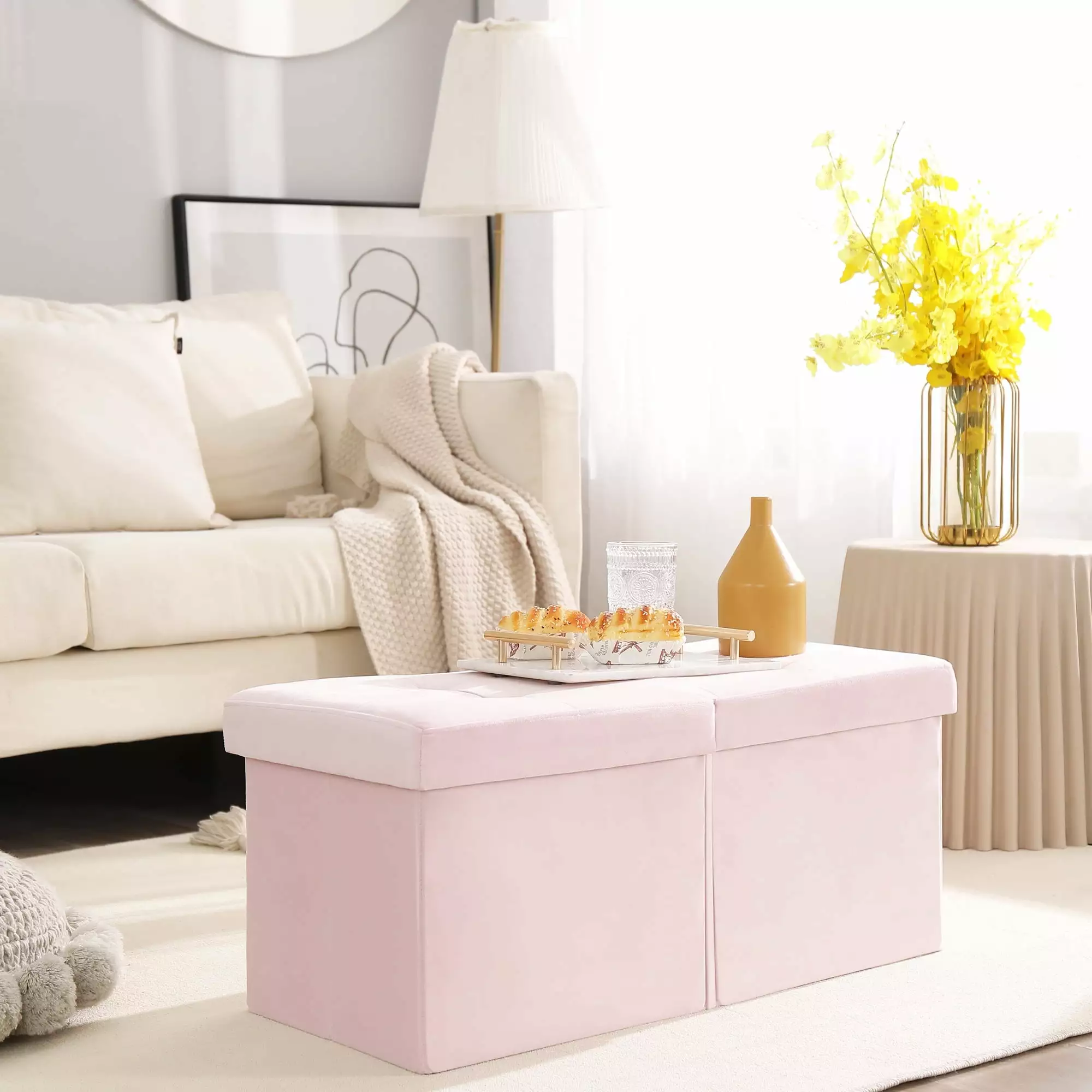 CUYOCA Storage Ottoman Bench Foldable Footrest 75L Capacity Velvet Pink Living Room Bedroom
