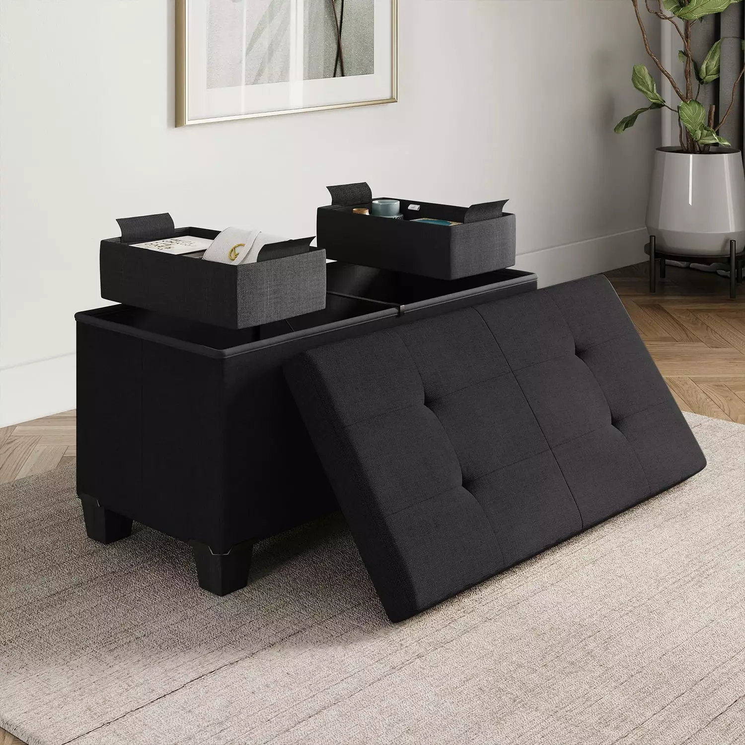 Hearth & Harbor Linen 30 Ottoman Storage Bench Black Living Room Bedroom