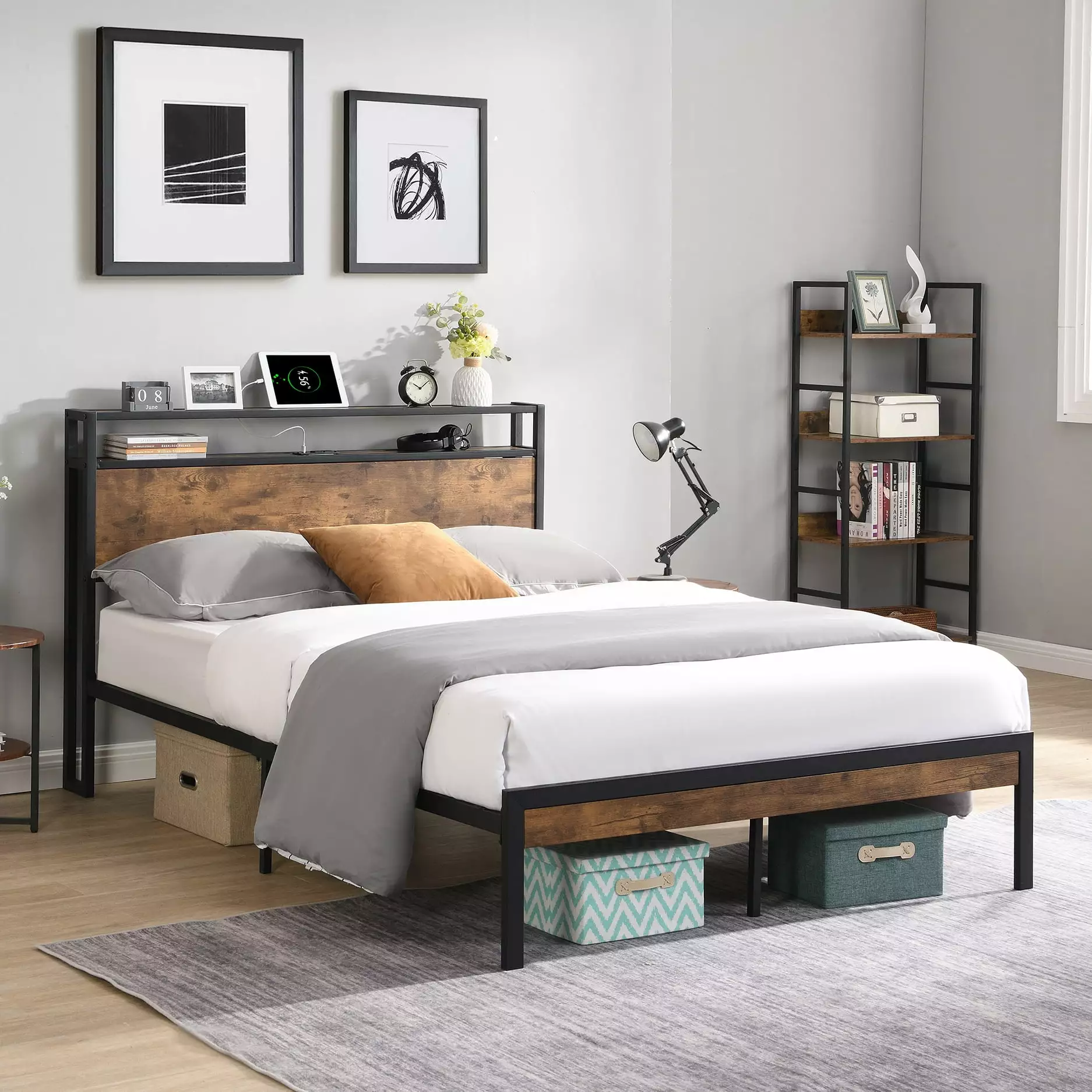 Bellemave Modern Industrial Queen Size Platform Bed Storage Headboard and Charging Station Black and Brown