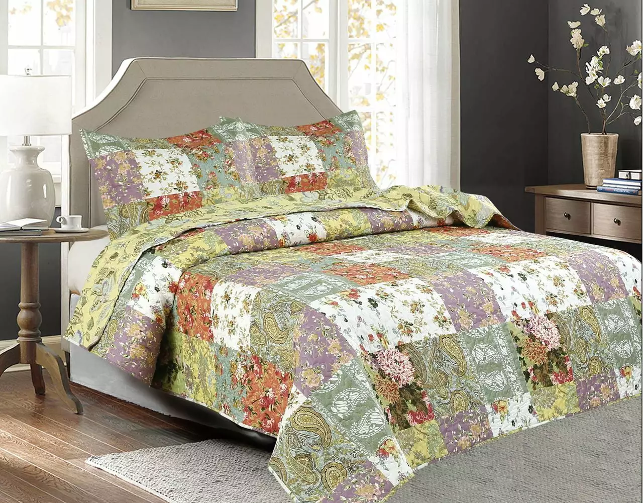 3-Piece Paisley Stitched Queen Size Reversible Featherweight All Season Bedspread Quilt Coverlet Legacy Decor