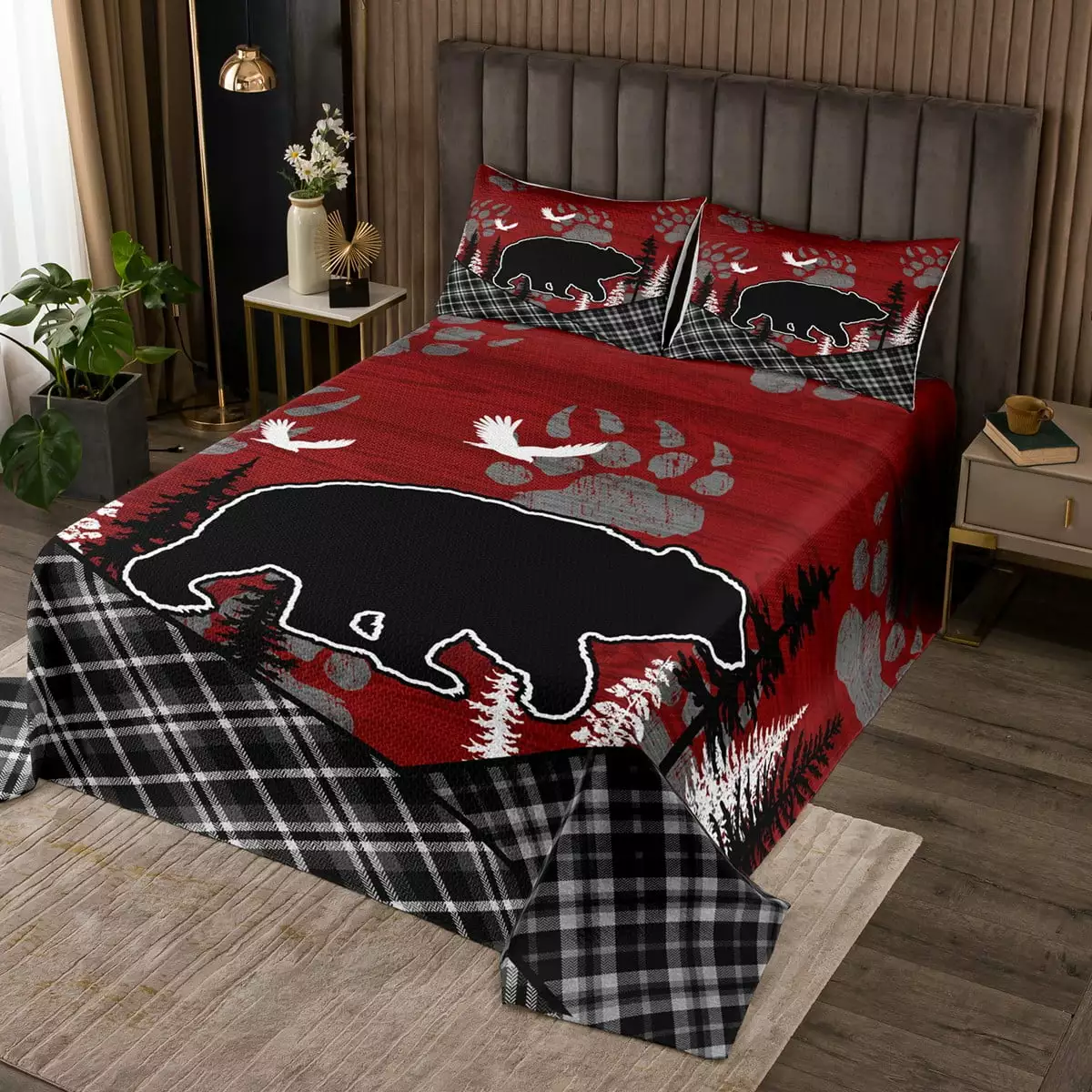 Rustic Bear Bedspread Set Checkered Buffalo Plaid Twin Animal Paw Print Quilt YST
