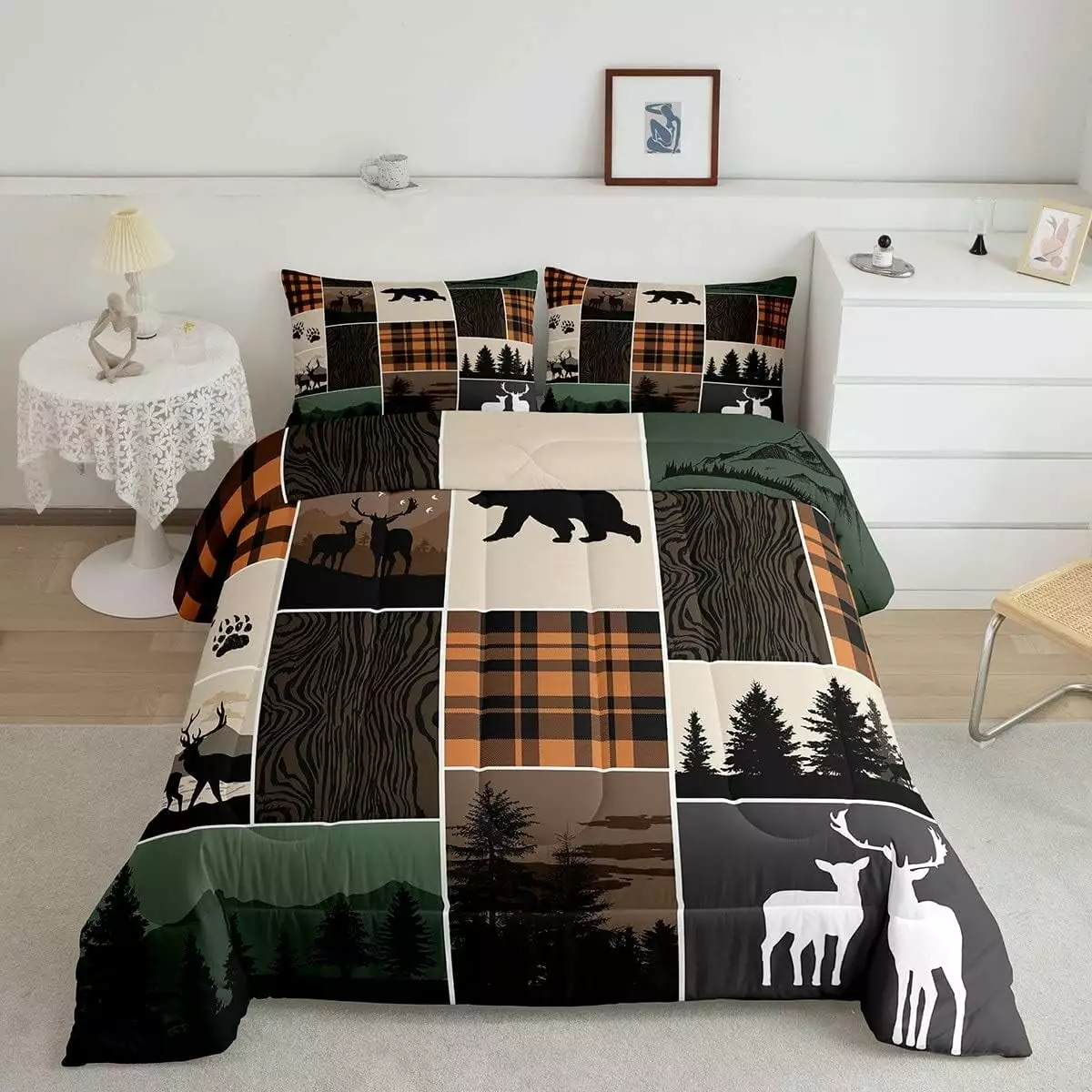 Rustic Cabin Easeer Set Twin Size Hunting Bear Deer Down Easeer Kids Teens Adult Farmhouse Moose Quilt Vintage Plaid YST