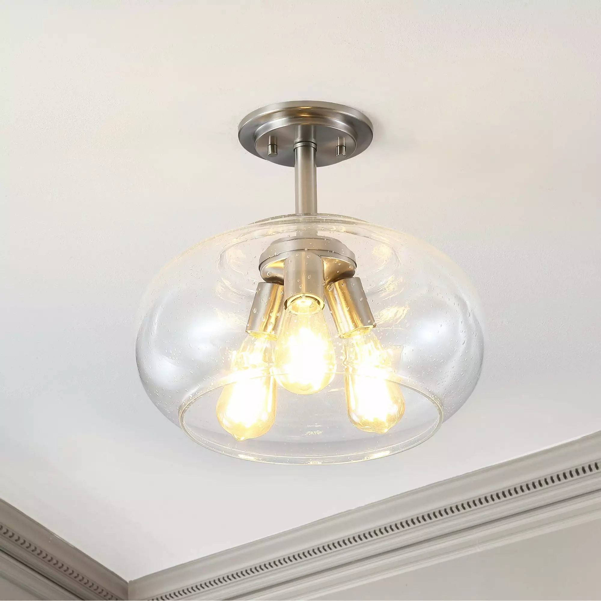 Lina 13.75 3-Light Modern Industrial LED Semi Flush Mount Ceiling Light Nickel and Clear Seeded Glass Jonathan Y