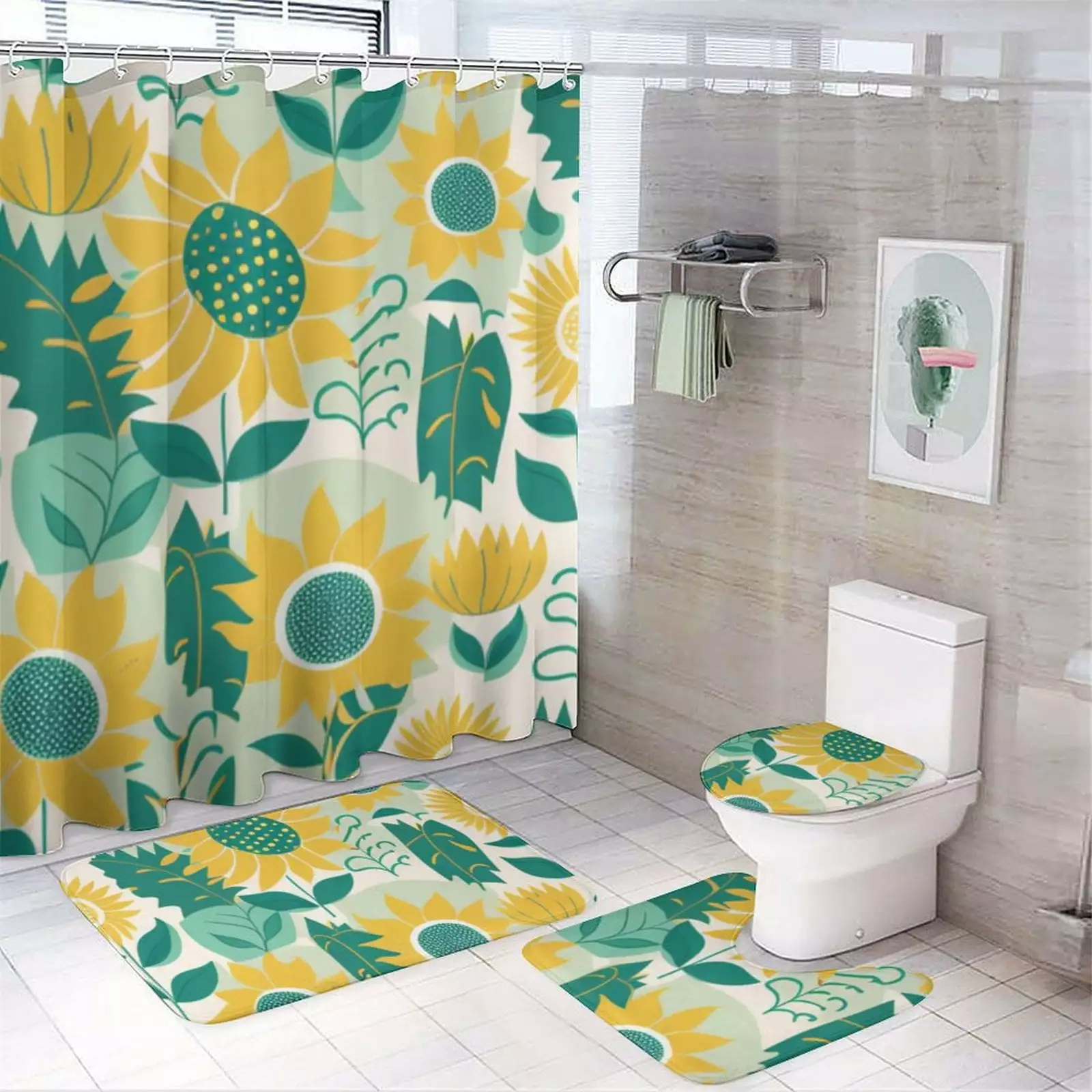 Green Fresh Flower Shower Curtain Set 4-Piece Bathroom Decor Waterproof Matching Accessories Frendship