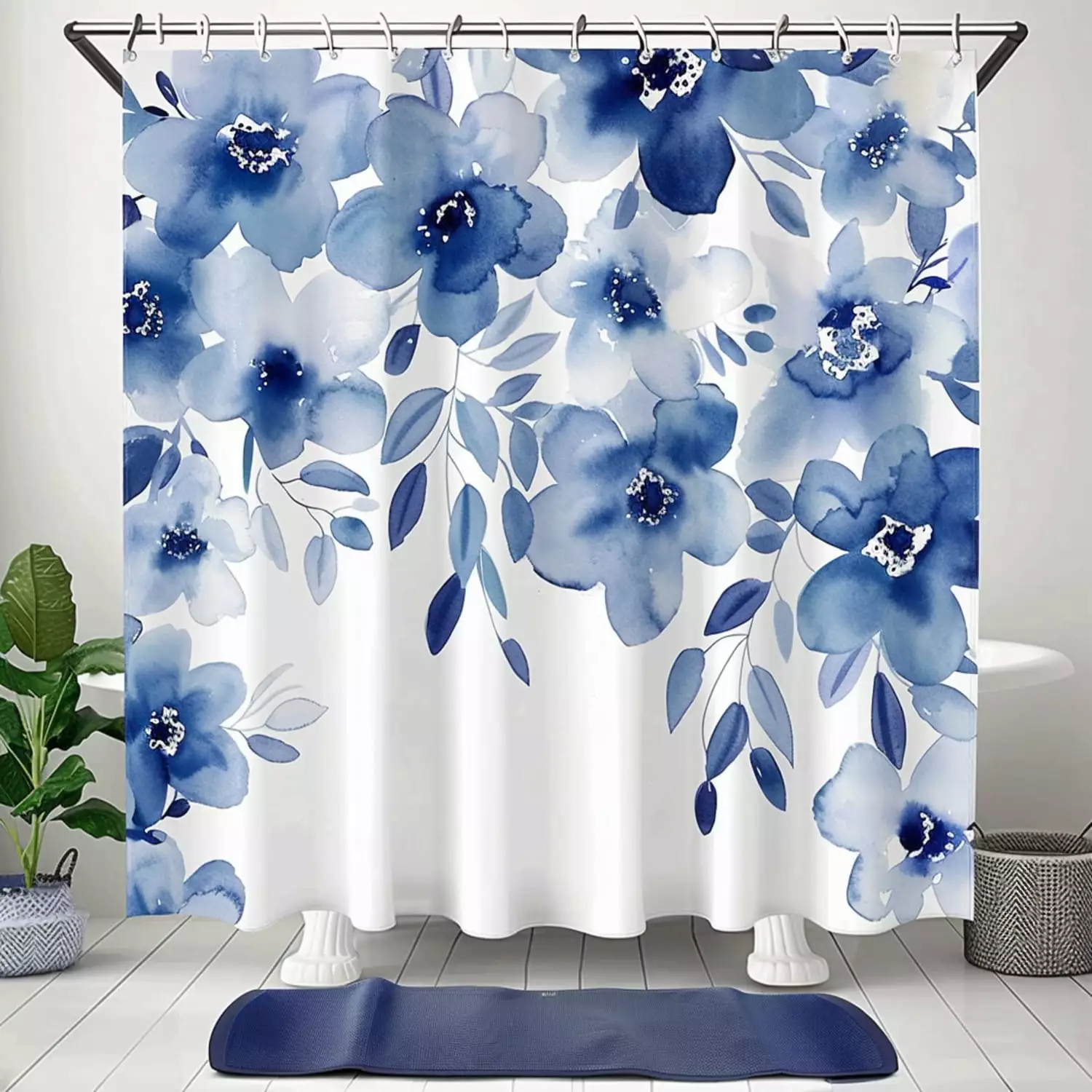 Blue and White Floral Watercolor Shower Curtain Set Mat Elegant Bathroom Decor HZXYDZ
