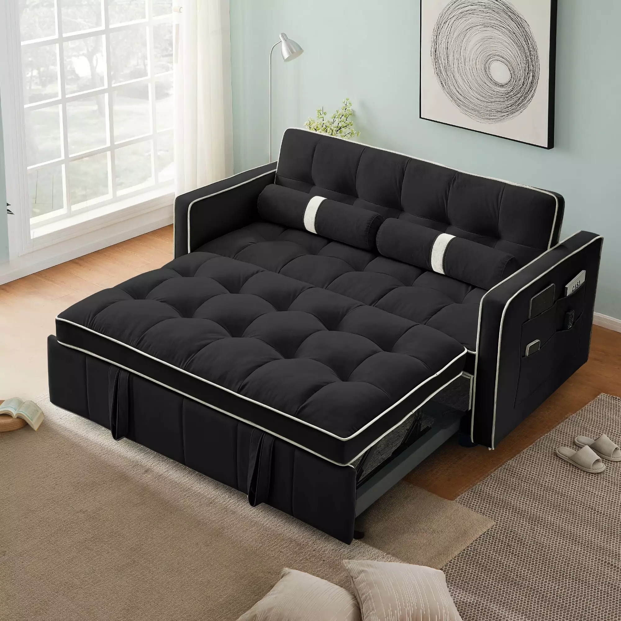 Muumblus 55.5 Pull Out Sofa Bed 2 Seater Loveseat Sleeper Convertible Futon Black Velvet