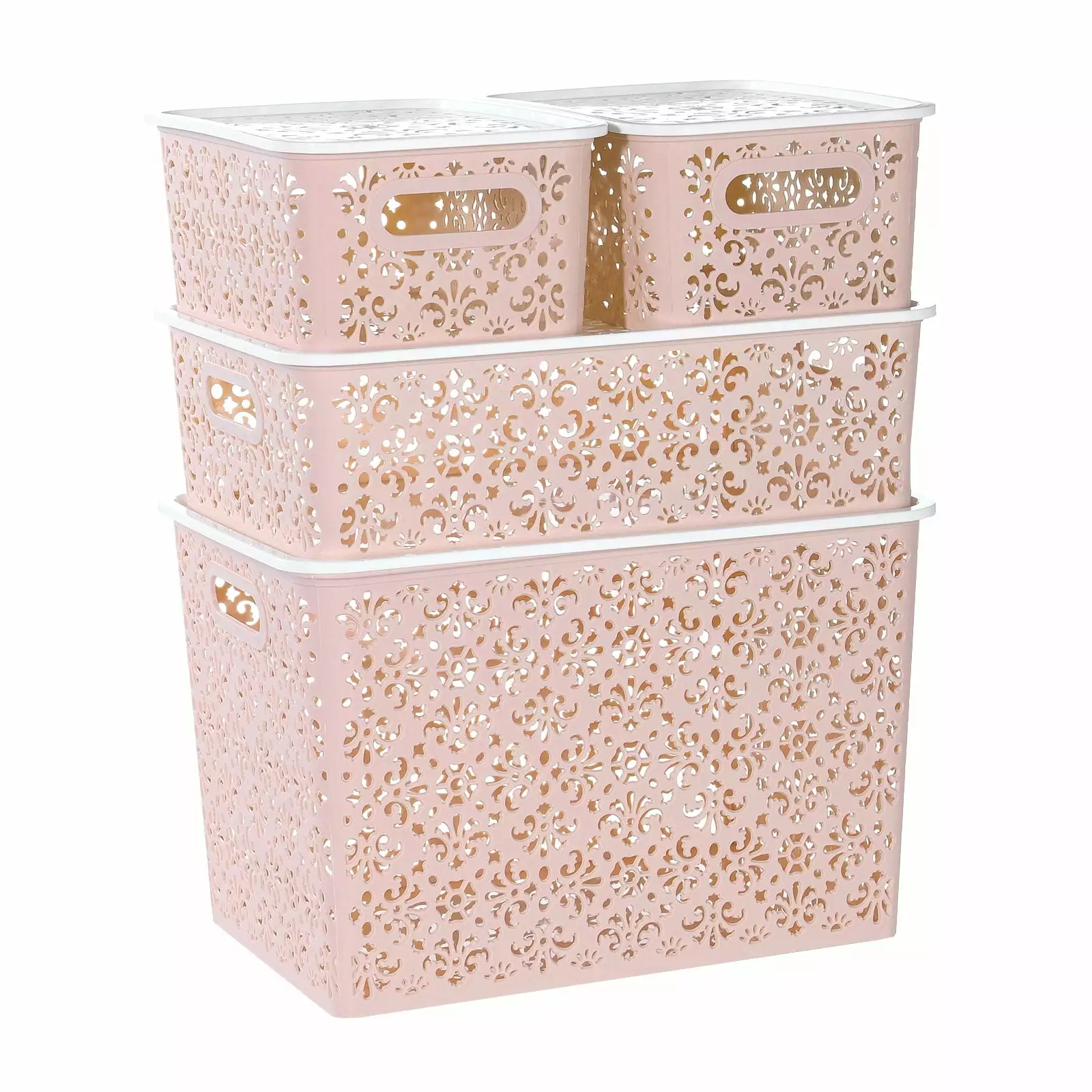 Set 4 Stackable Lace-Design Storage Bins Lids Bathroom Closet and Crafts Pink ANMINY