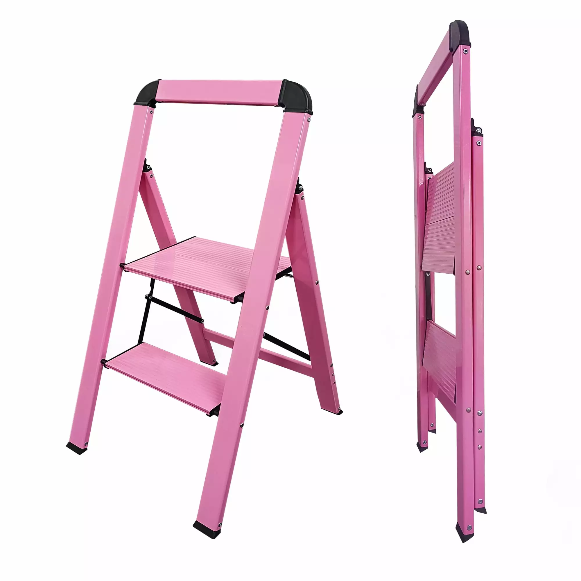 Home Shark Anti-Slip 2-Step Ladder Aluminum Folding Step Stool Wide Platform Heavy Duty 300 lbs Capacity Pink
