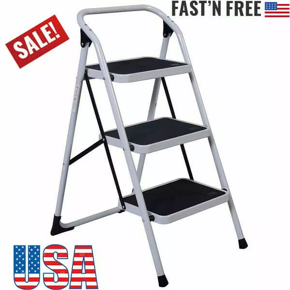 3 Step Ladder Tool Tray Folding Step Stool Wide Non-Slip Pedal 500lbs Capacity Black Sold out!
