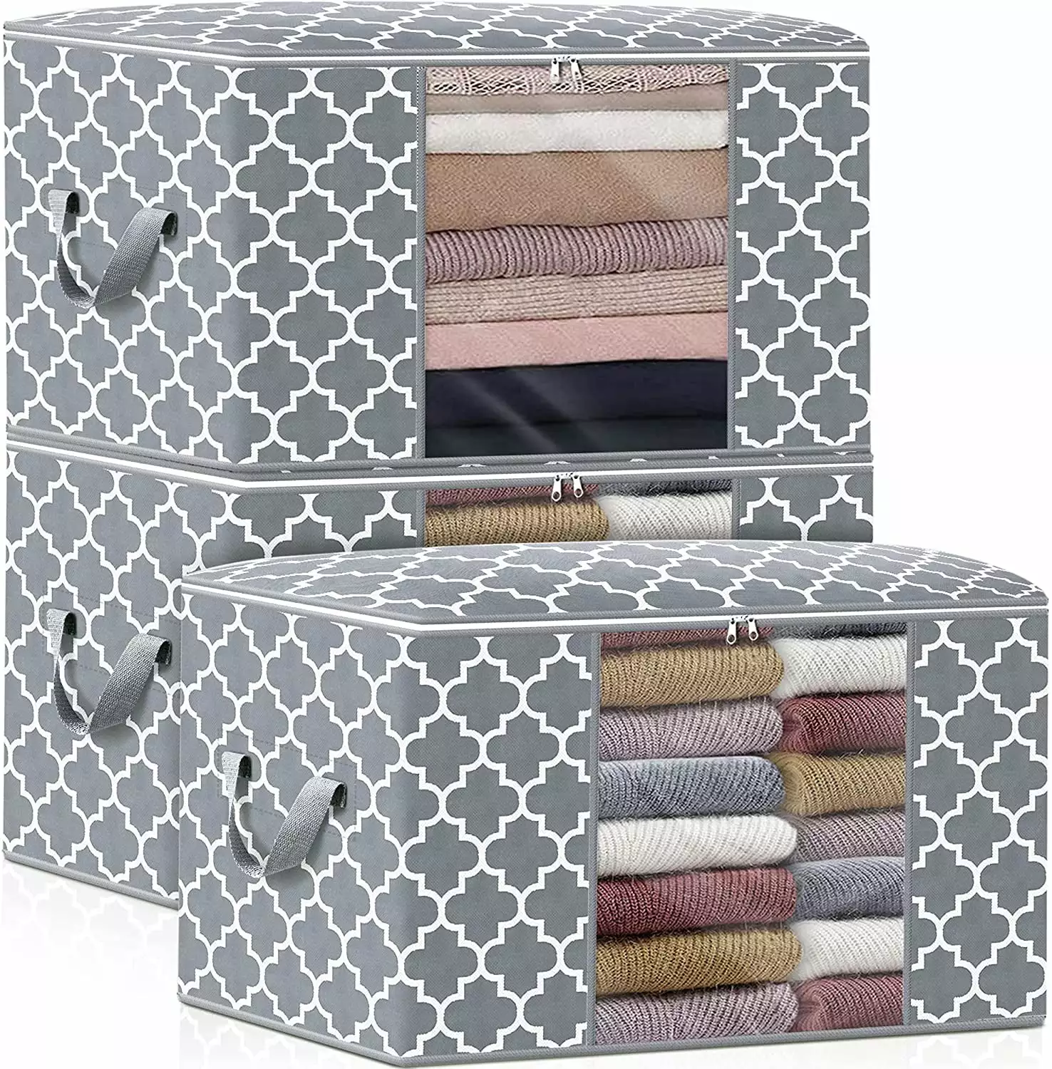 3Pack 100L Large Clothes Storage Bags Foldable Clear Window Sturdy Zippers Gray Happylost17