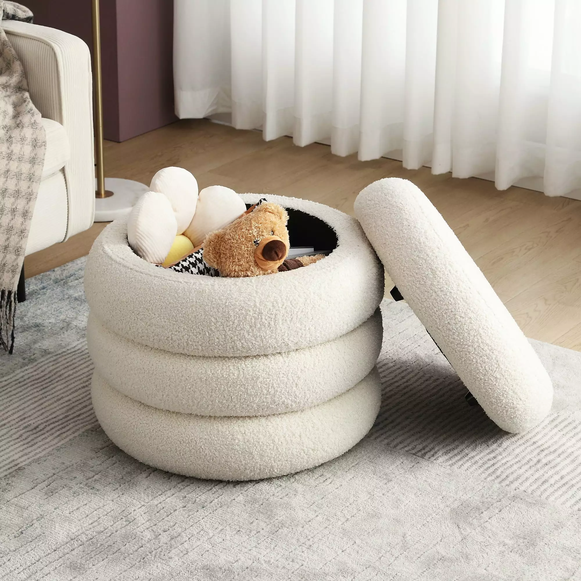 Zesthoutilize 20.1 Wide Boucle Round Pouf Ottoman Storage Sherpa Fabric Vanity Stool Makeup Room Living Room Bedroom White...