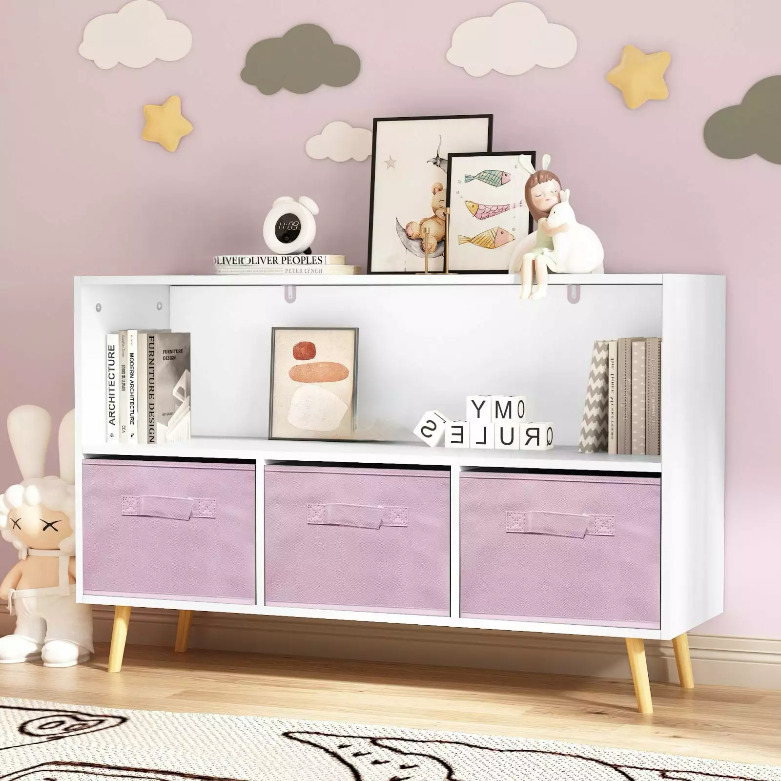 DSstyles Kids Storage Arranger Bookcase Bookshelf Collapsible Fabric Drawers Playroom