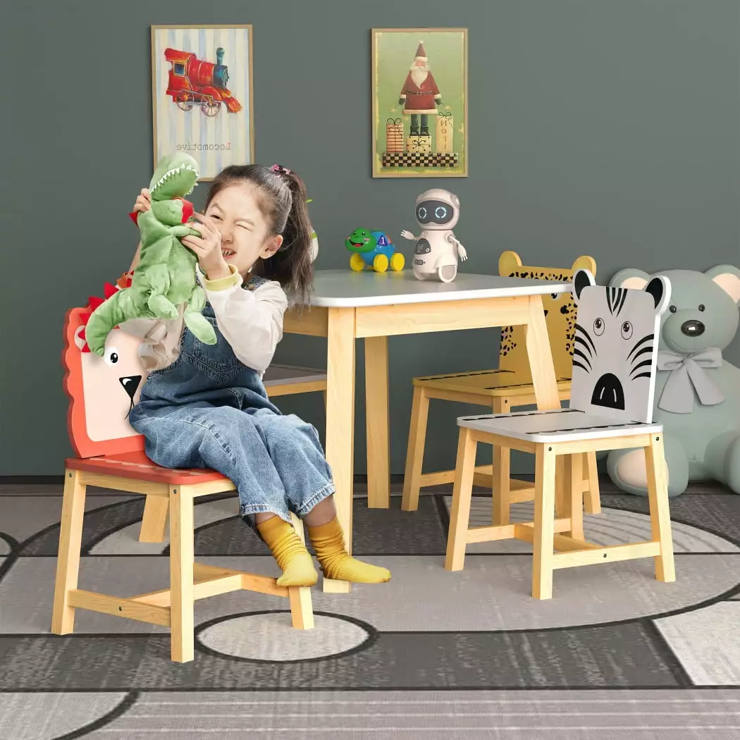 5 Piece Kids Table and Chairs Set Wood Activity Play Table 4 Animals Chairs Home Nursery Kindergarten White ARCTICSCORPION