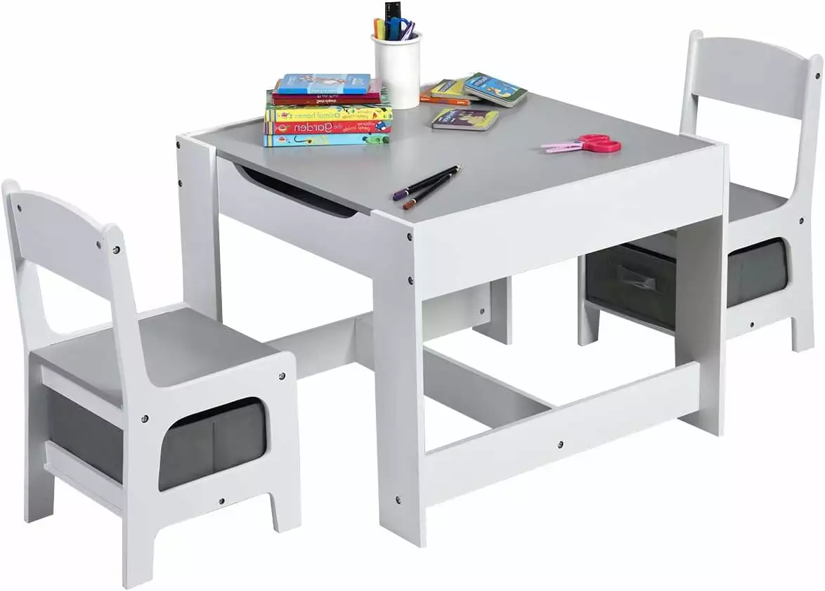3 1 Kids Table and Chair Set Wooden Activity Table Detachable Tabletop Drawing Art Craft Playroom Gray Seizeen