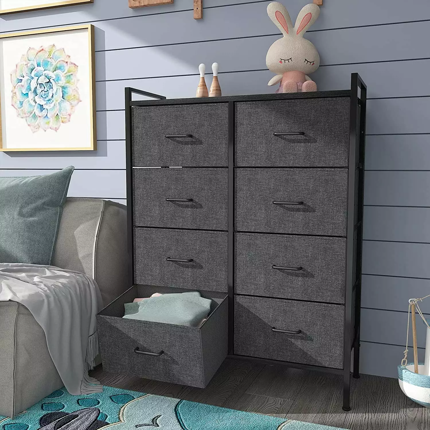 DWVO 8 Drawer Dresser Bedroom Tall Fabric Dresser Storage Tower Cabinet Bin Storage Arranger Living Room Kids Room Black Gray