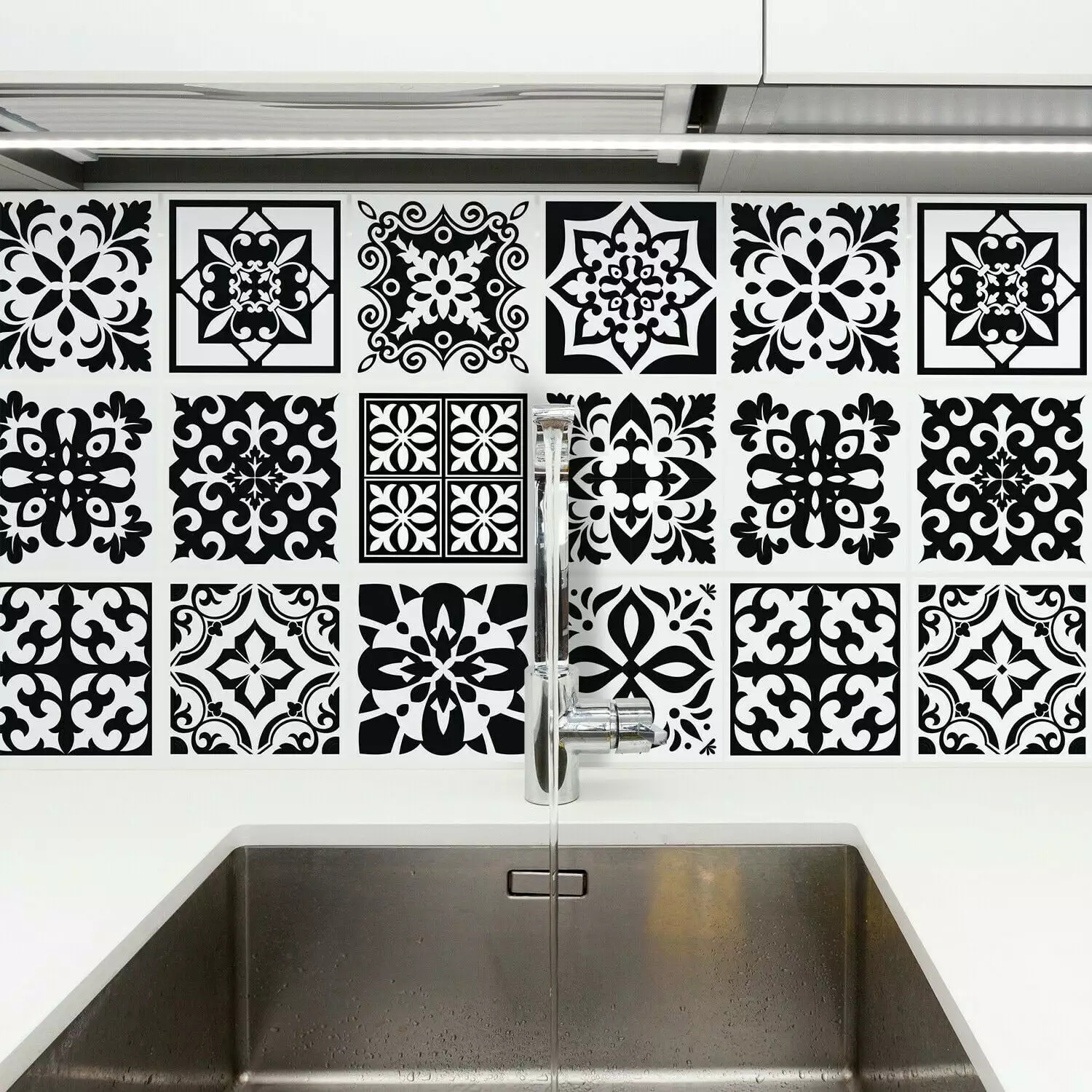 Walplus Calli Black White Mediterranean Wall Tile Stickers Peel and Stick 24 pieces