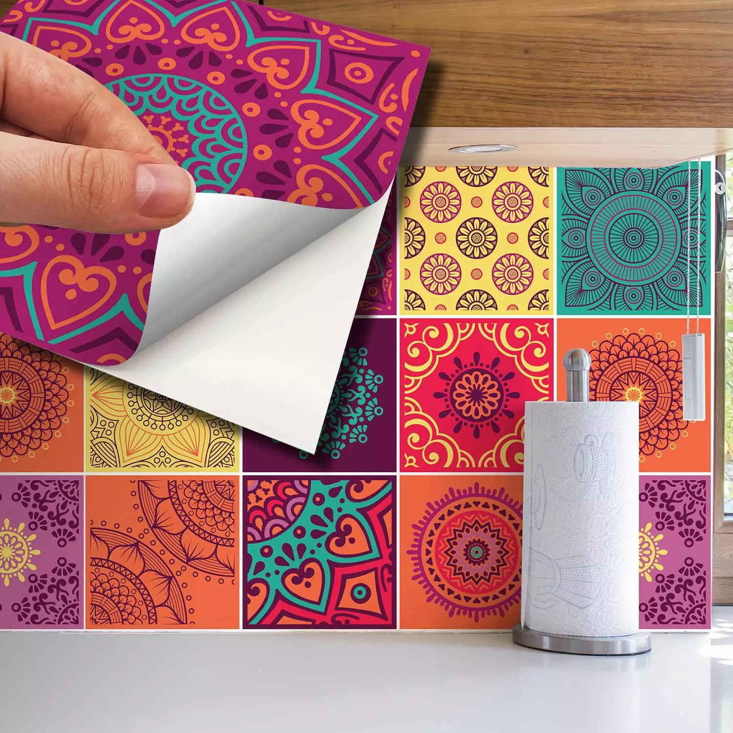 Walplus Peel and Stick Backsplash Colourful Mandala Wall Tile Decals 24 Pcs 6 x 6