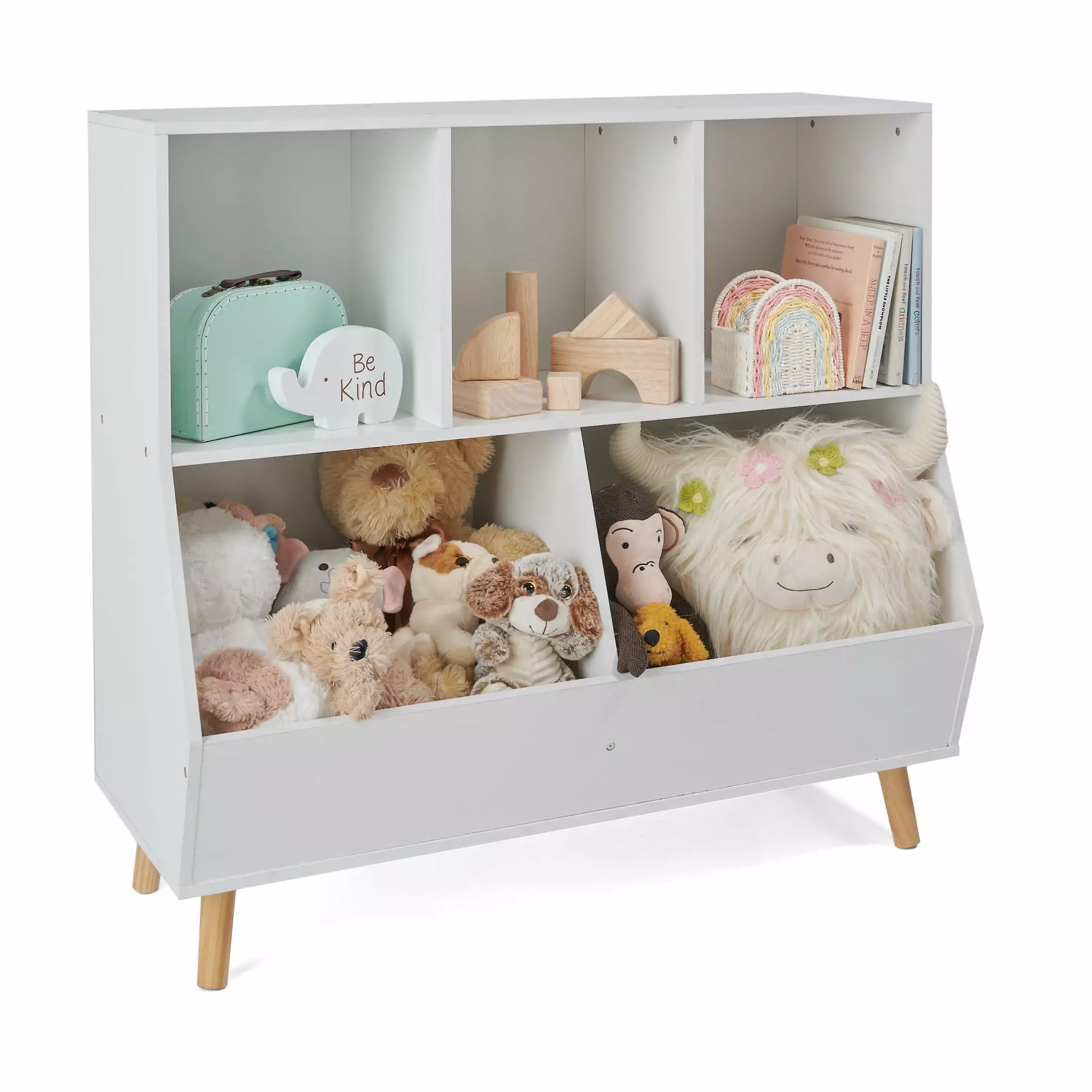 Badger Basket 5-Bin Kids Wooden Toy Storage Organizer and Bookshelf Feet - 7.4 Cu ft White