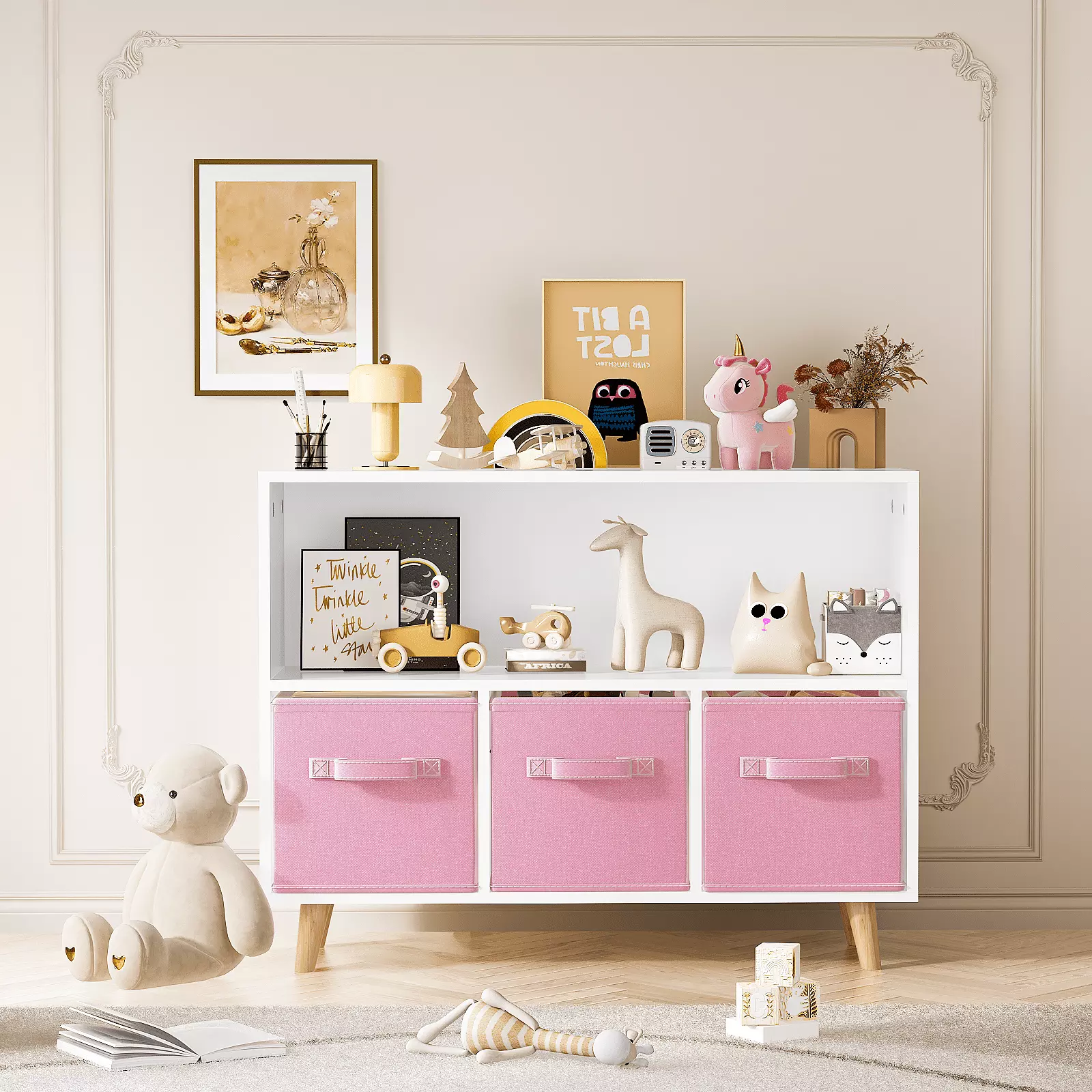 AWQM Toy Storage Arranger 3 Drawers Multi-Practical Children Kids Bookcase Nursery Playroom and Bedroom White Pink