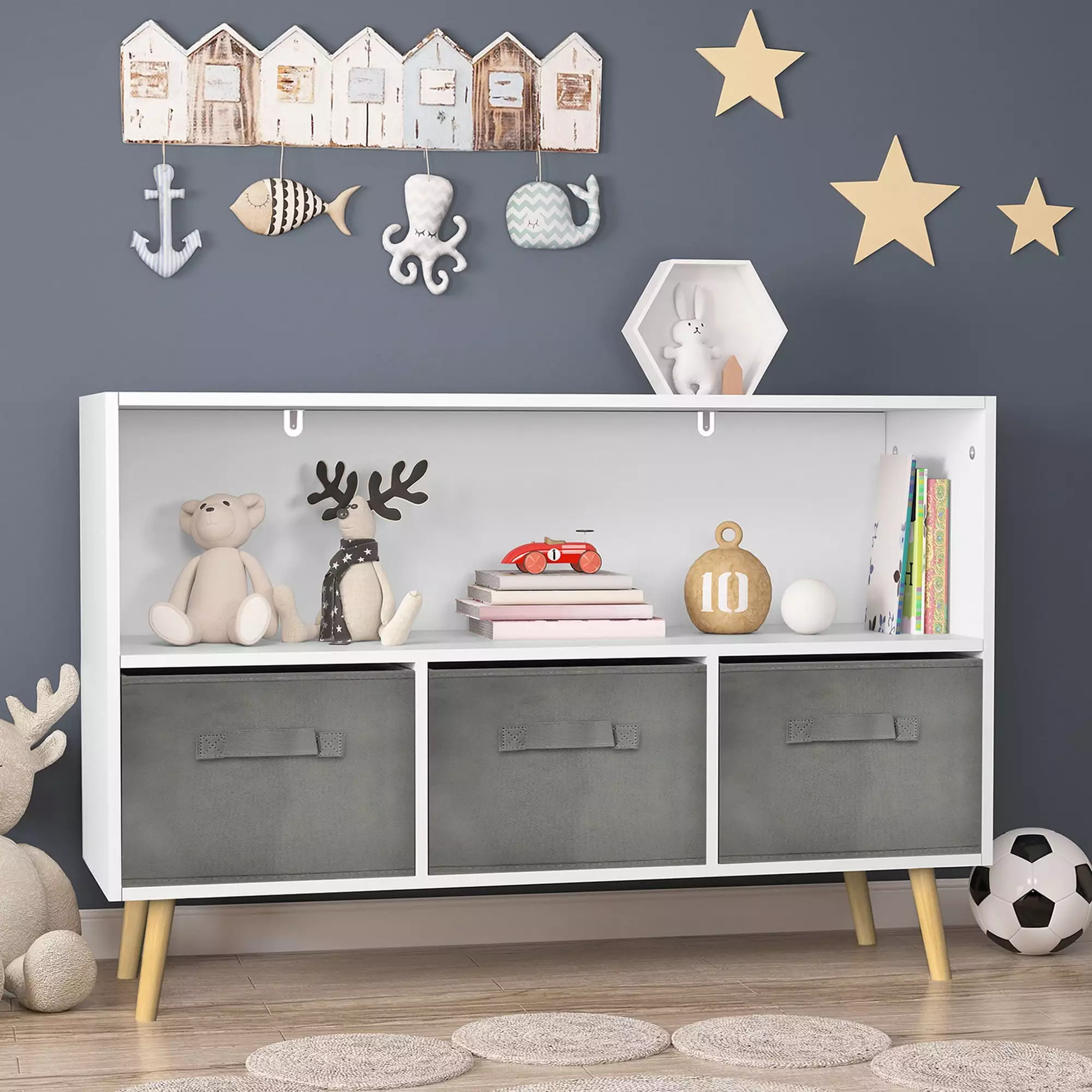 CITYLE Toy Storage Arranger Kids Bookshelf Collapsible Fabric Drawers and Pine Legs