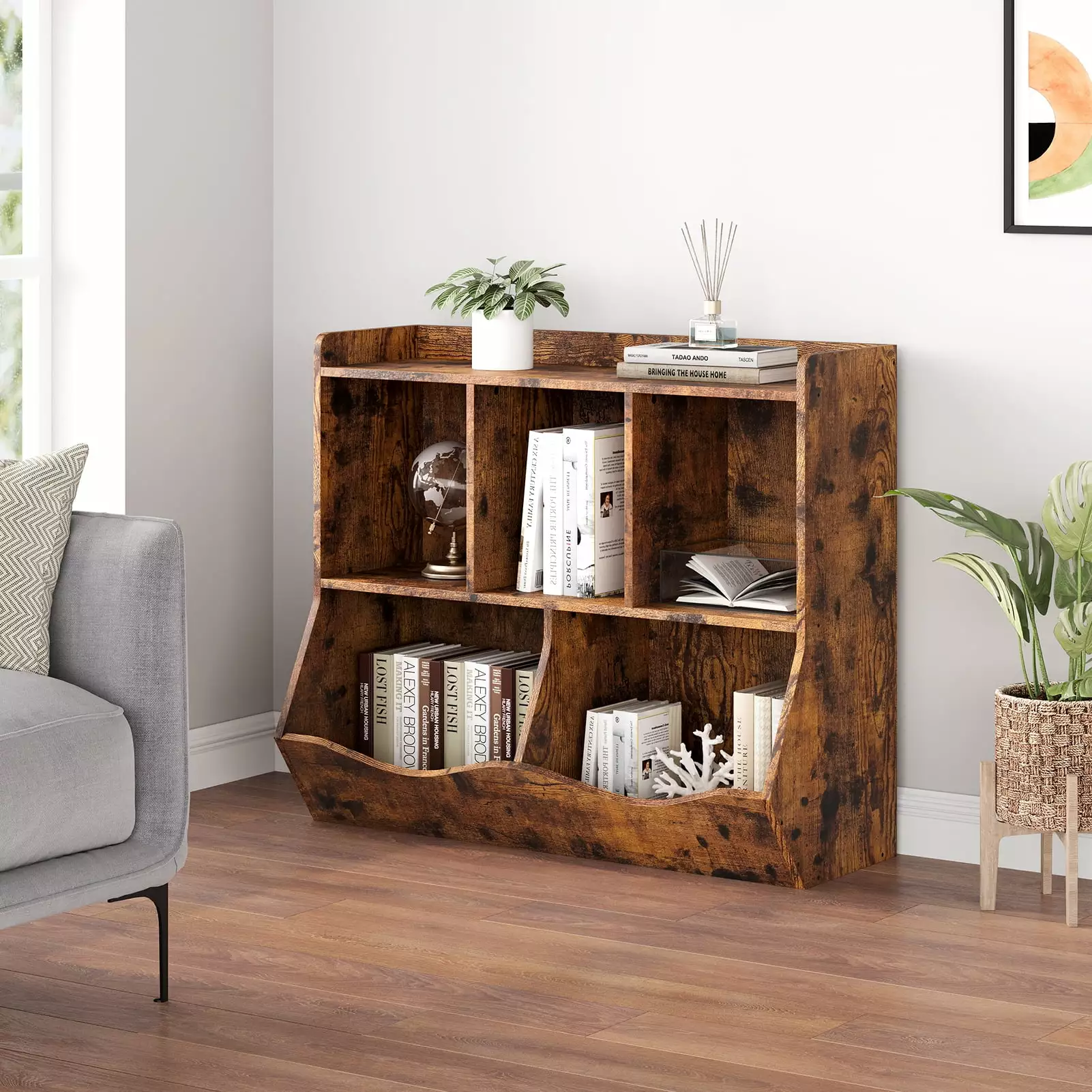 Yartaka Kid's Cubby Toy Storage Cabinet Wood Toy Arranger 5 Bins Children's Brown Bookcase
