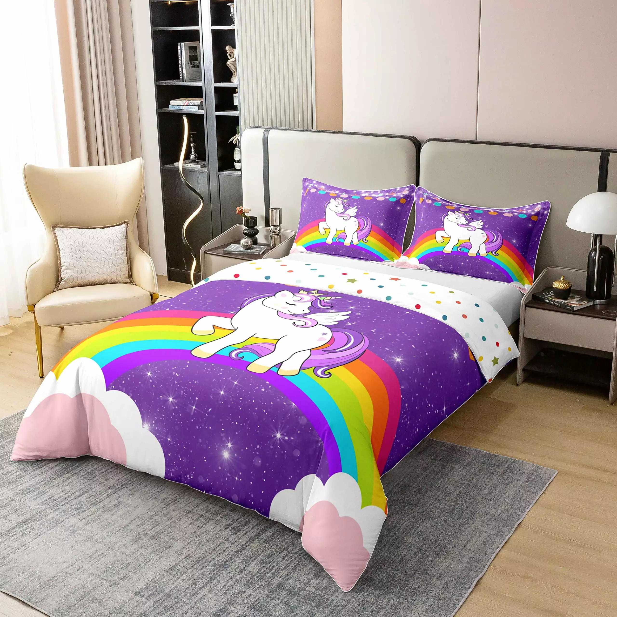 100% Cotton Unicorn Duvet Cover Twin Size Rainbow Bedding Set Girls Purple Glitter Reversible YST