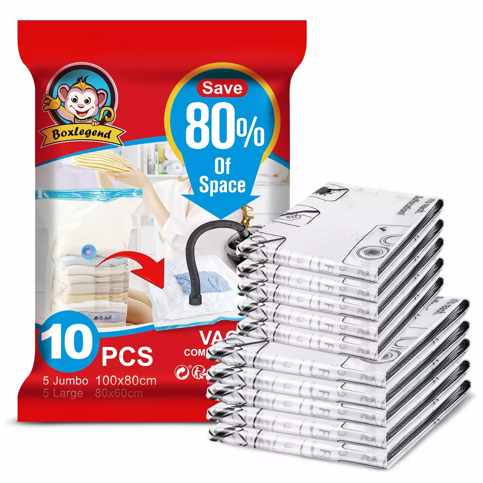 10 Pack Vacuum Storage Bags Space Saver Bags 5Jumbo 5 Large Compression Bags Clothes Blankets Boxlegend