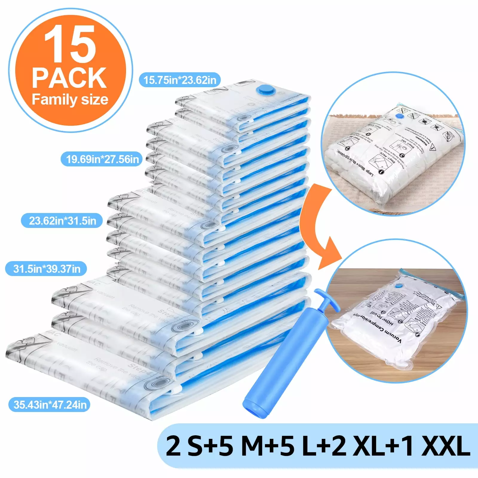 15 Pack Space Bags Vacuum Storage Bags Clothes and Blankets Hand Pump Cubepoint