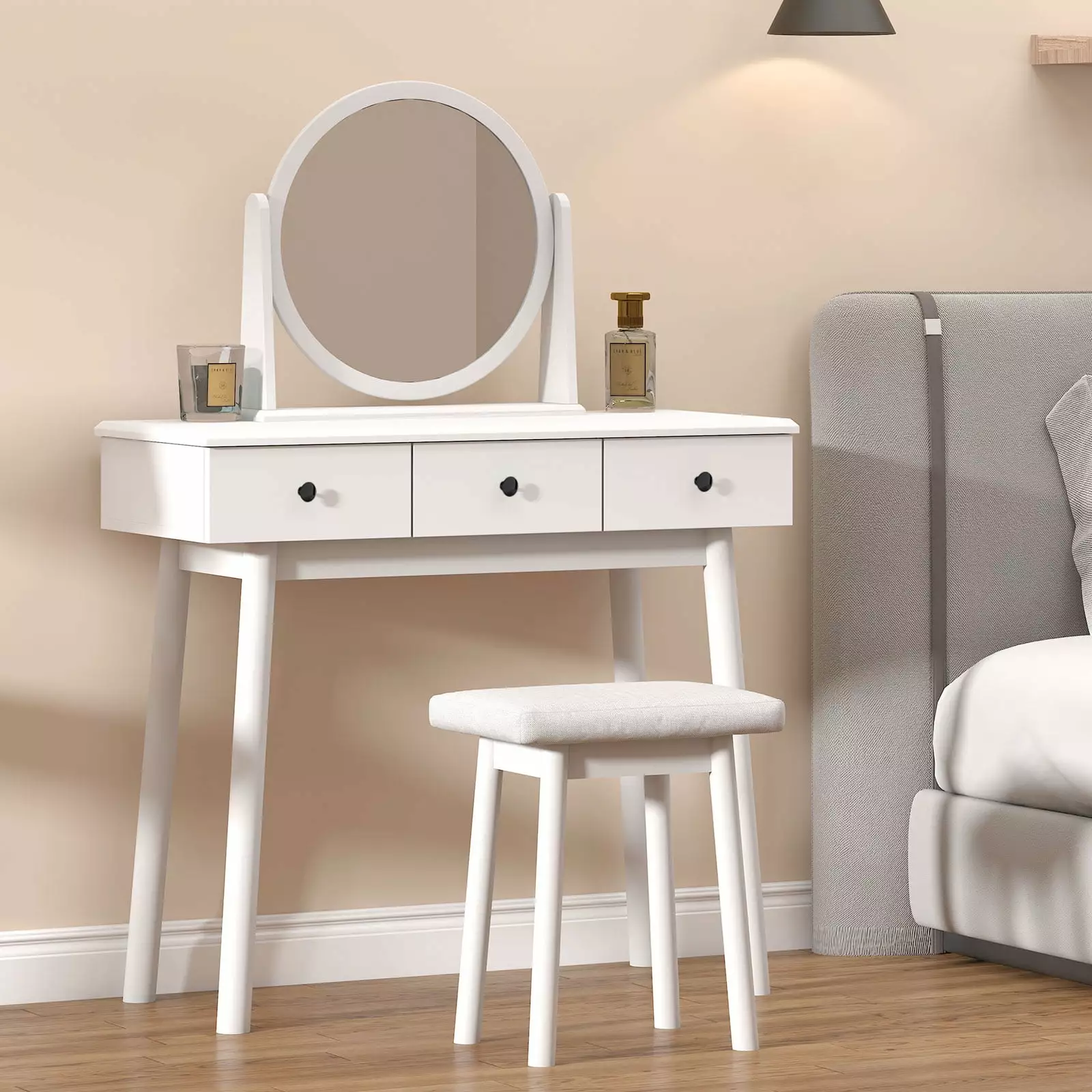 Soges Vanity Table Set 360 Pivoting Mirror Makeup Dressing Table 3 Drawers and Stool Modern White