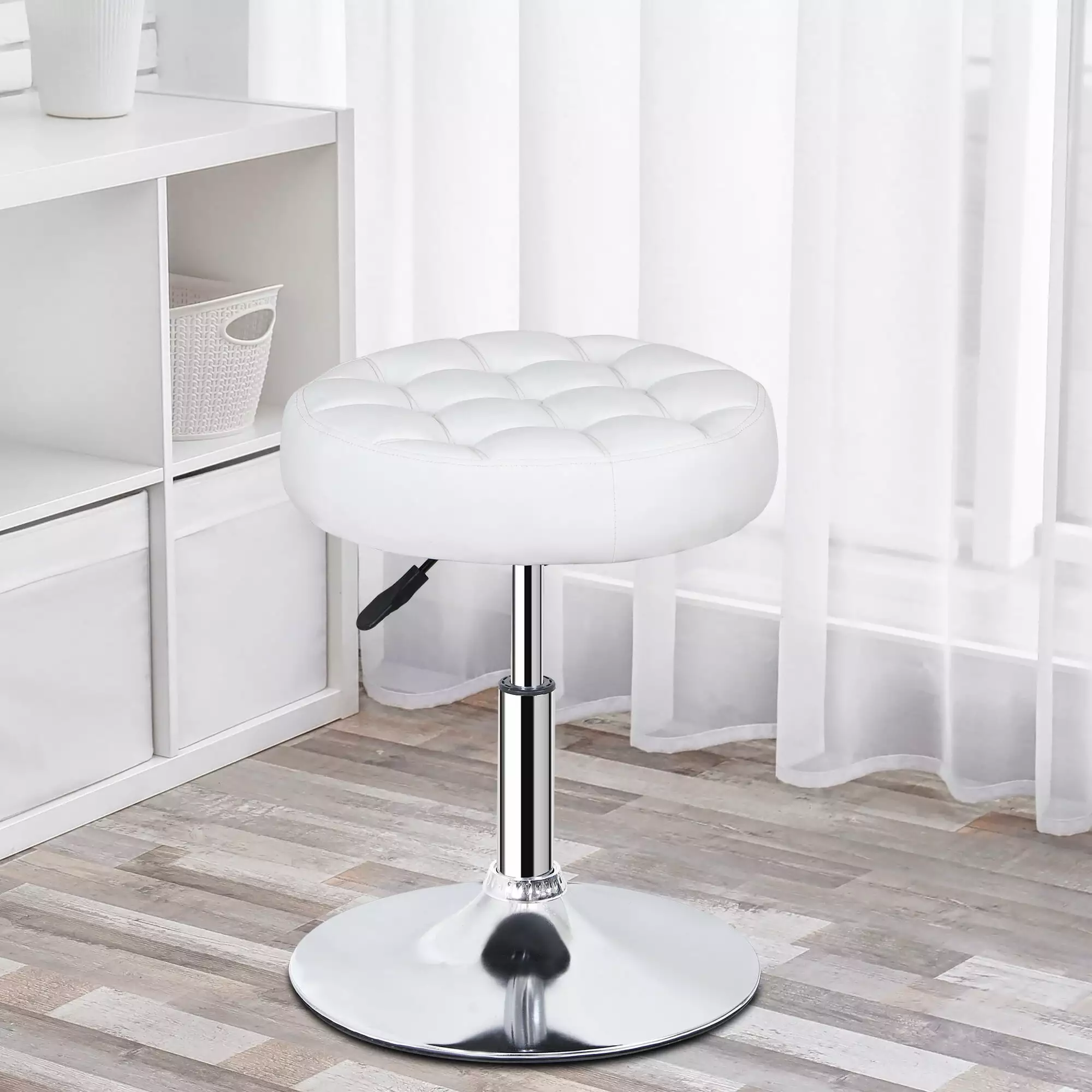 ZENY Adjustable Swivel Makeup Metal Frame Salon Stool Modern Big Size Round Vanity Stool Chair White