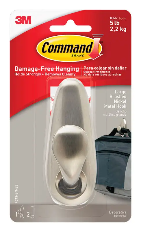 3M Command 4-1/8 Inch Brushed Nickel Metal Large Forever Classic Coat Hat Hook 5 lb Capacity Pack 4