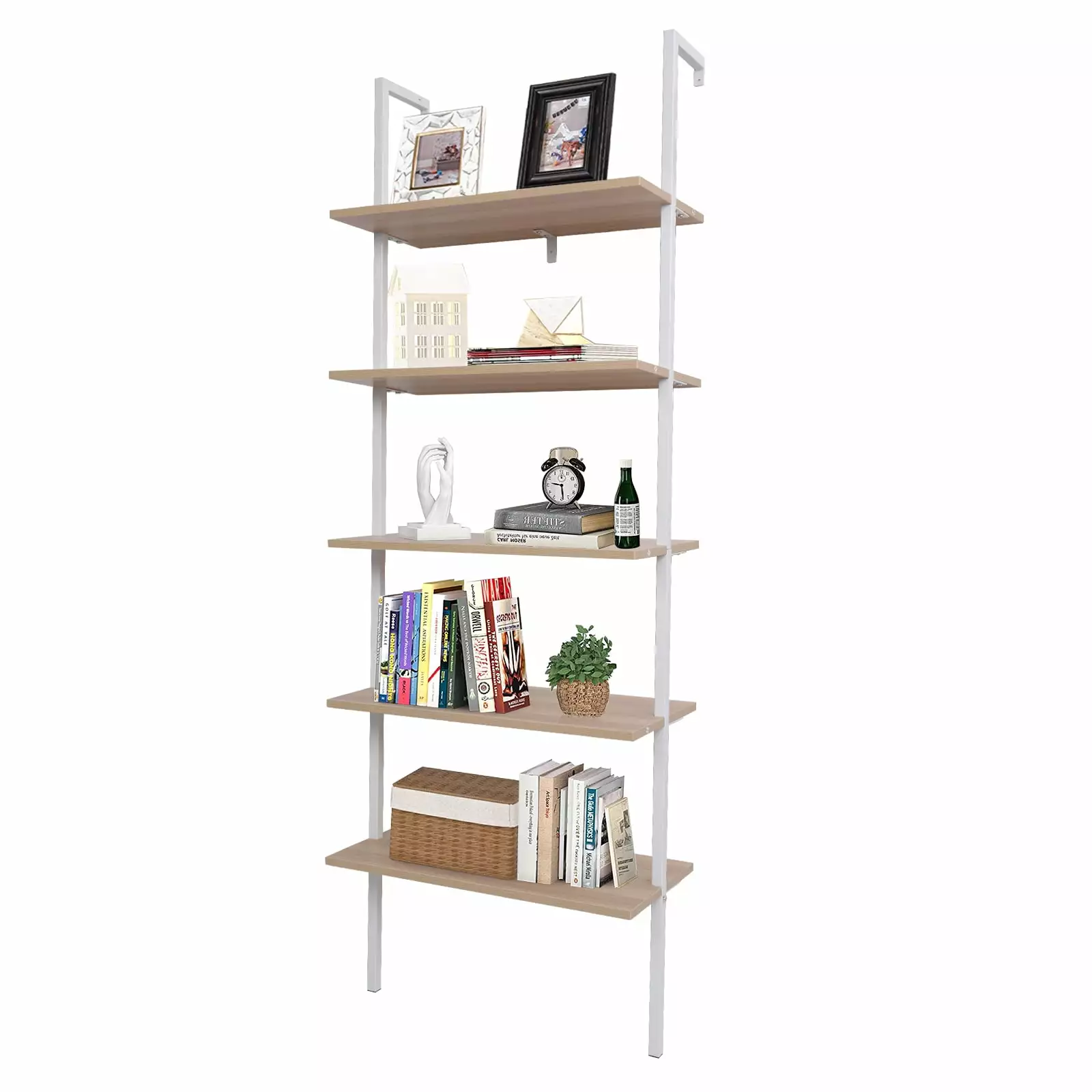 Tcbosik Wall-Mounted Ladder Shelf 5-Tier Modern Bookshelf Metal Frame Living Room Bedroom Office
