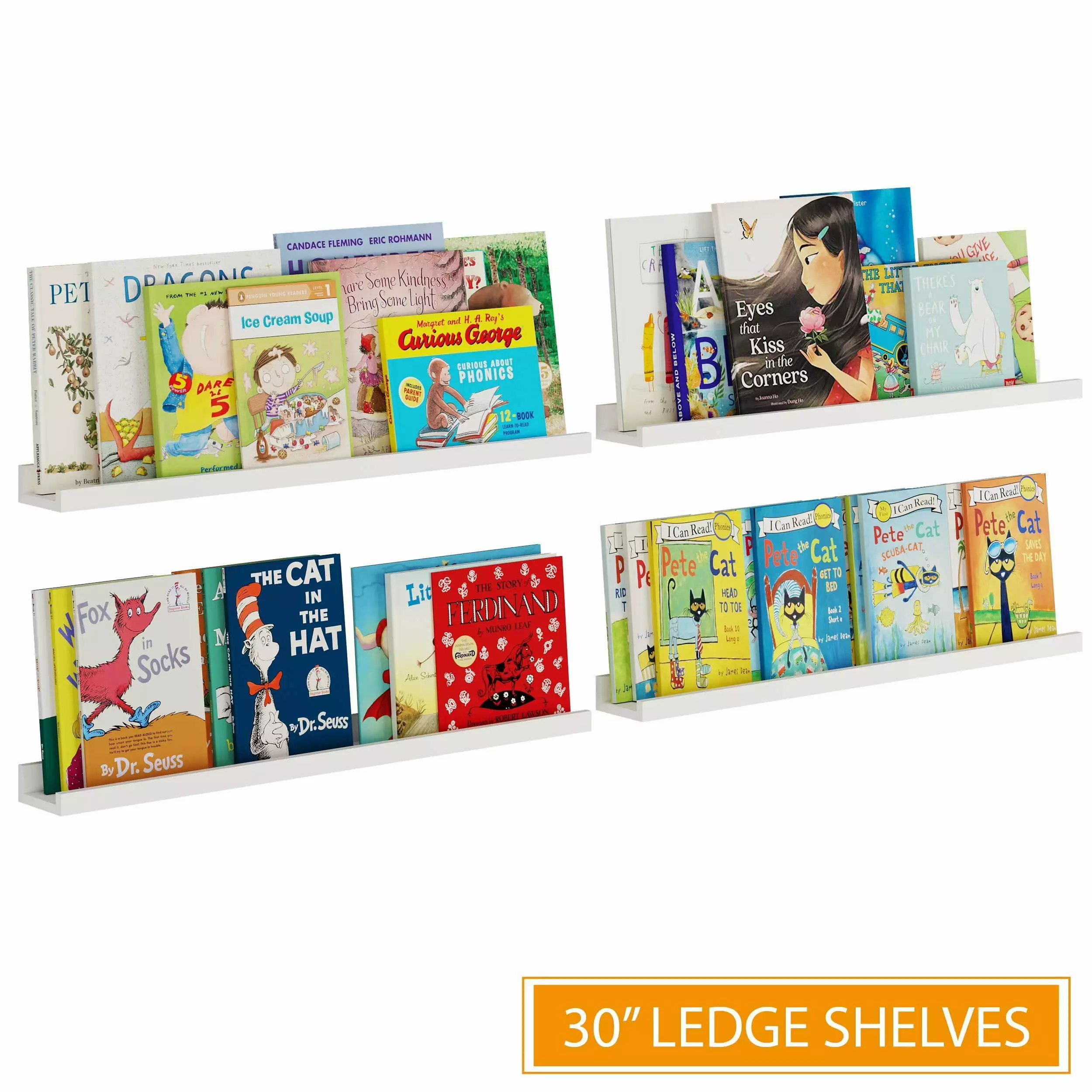 Wallniture Denver 30 Wall Mount Kids Wall Shelves - White Floating Bookcases Picture Ledge Shelf Toy Storage Arranger Set 4